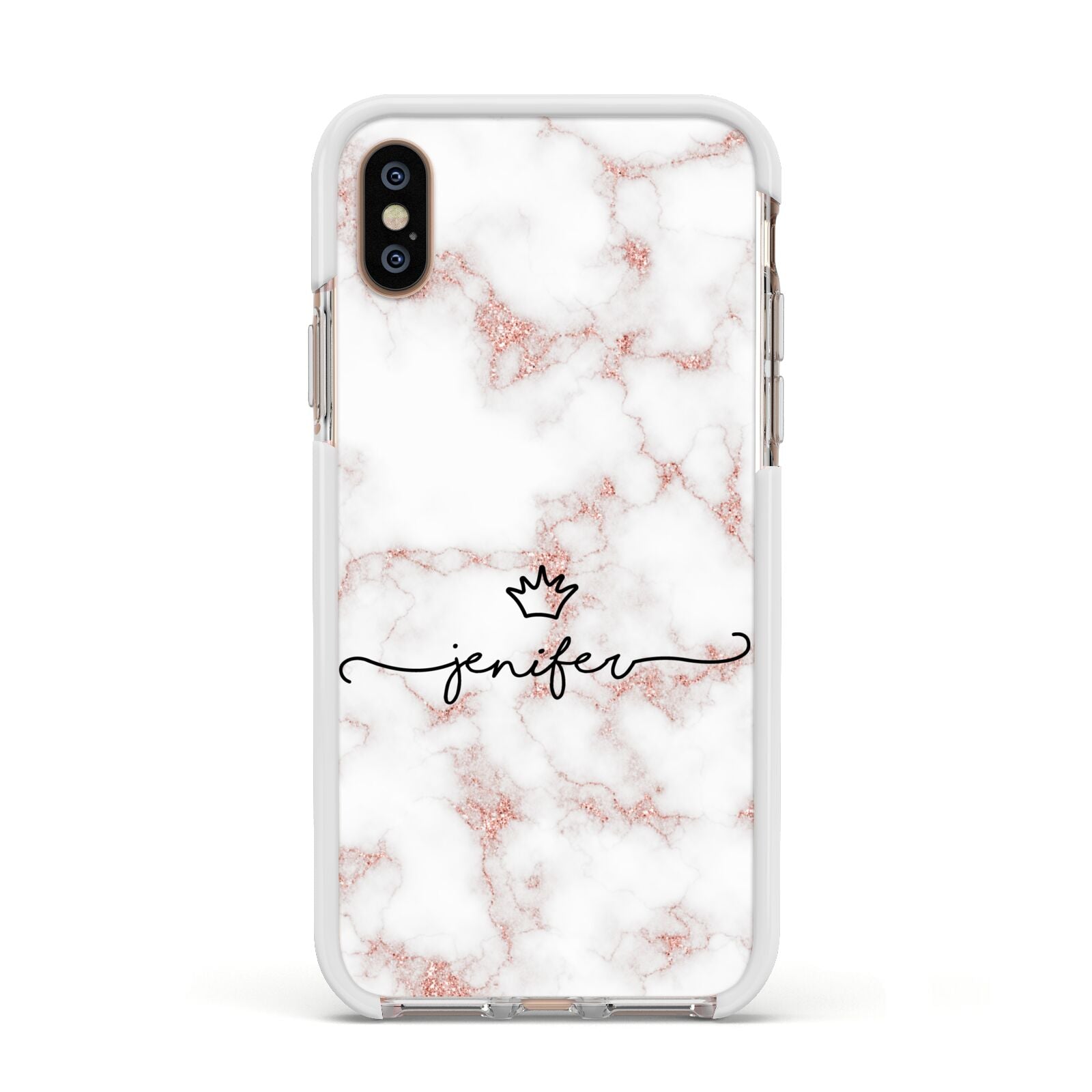 Pink Glitter Marble with Custom Text Apple iPhone Xs Impact Case White Edge on Gold Phone