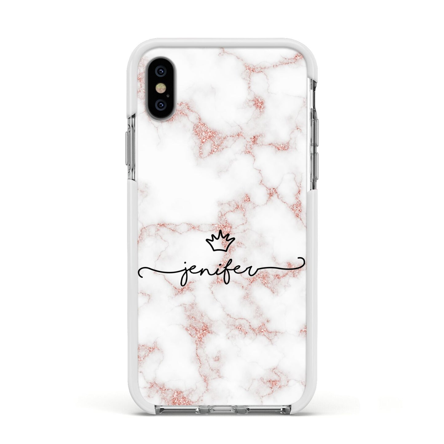 Pink Glitter Marble with Custom Text Apple iPhone Xs Impact Case White Edge on Silver Phone
