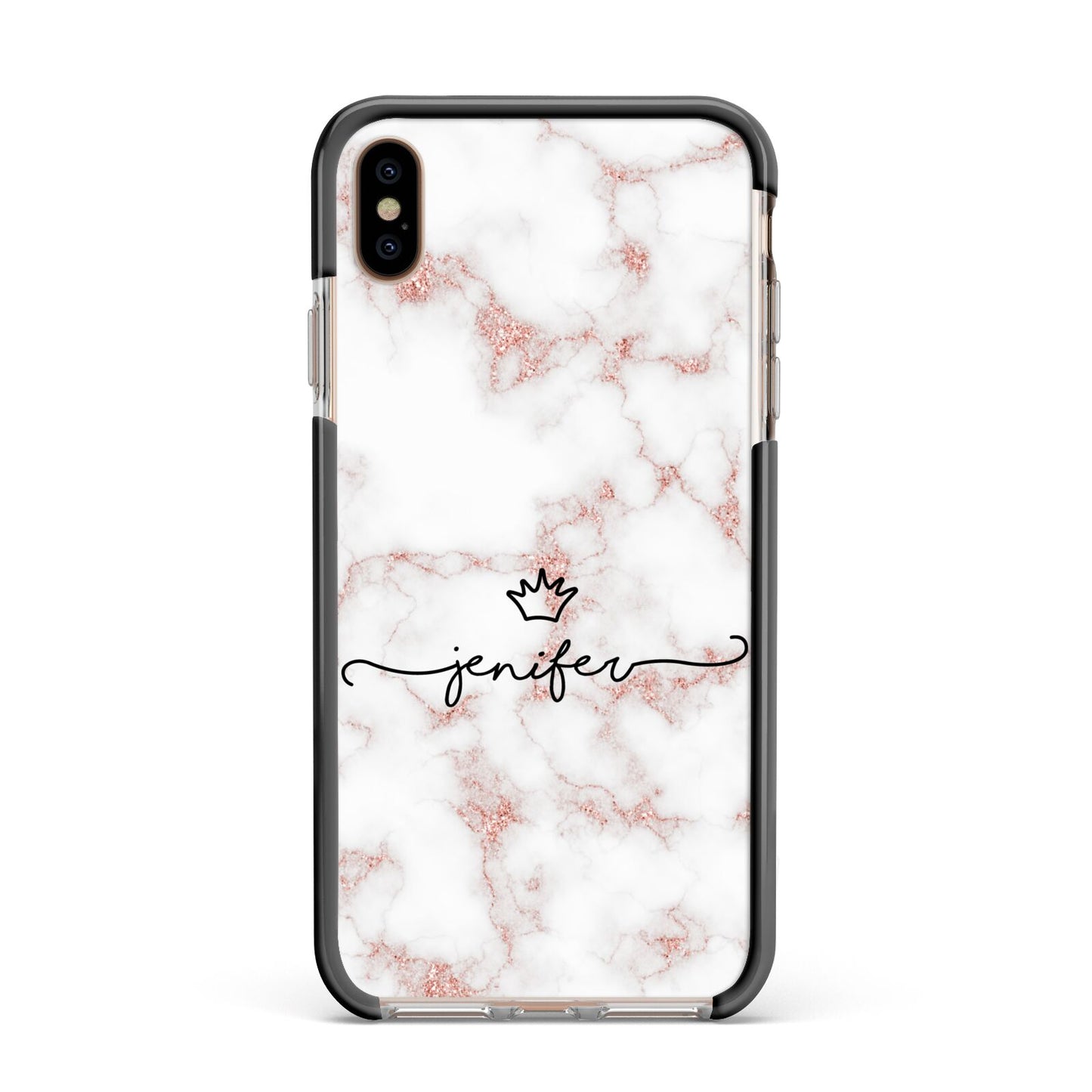 Pink Glitter Marble with Custom Text Apple iPhone Xs Max Impact Case Black Edge on Gold Phone