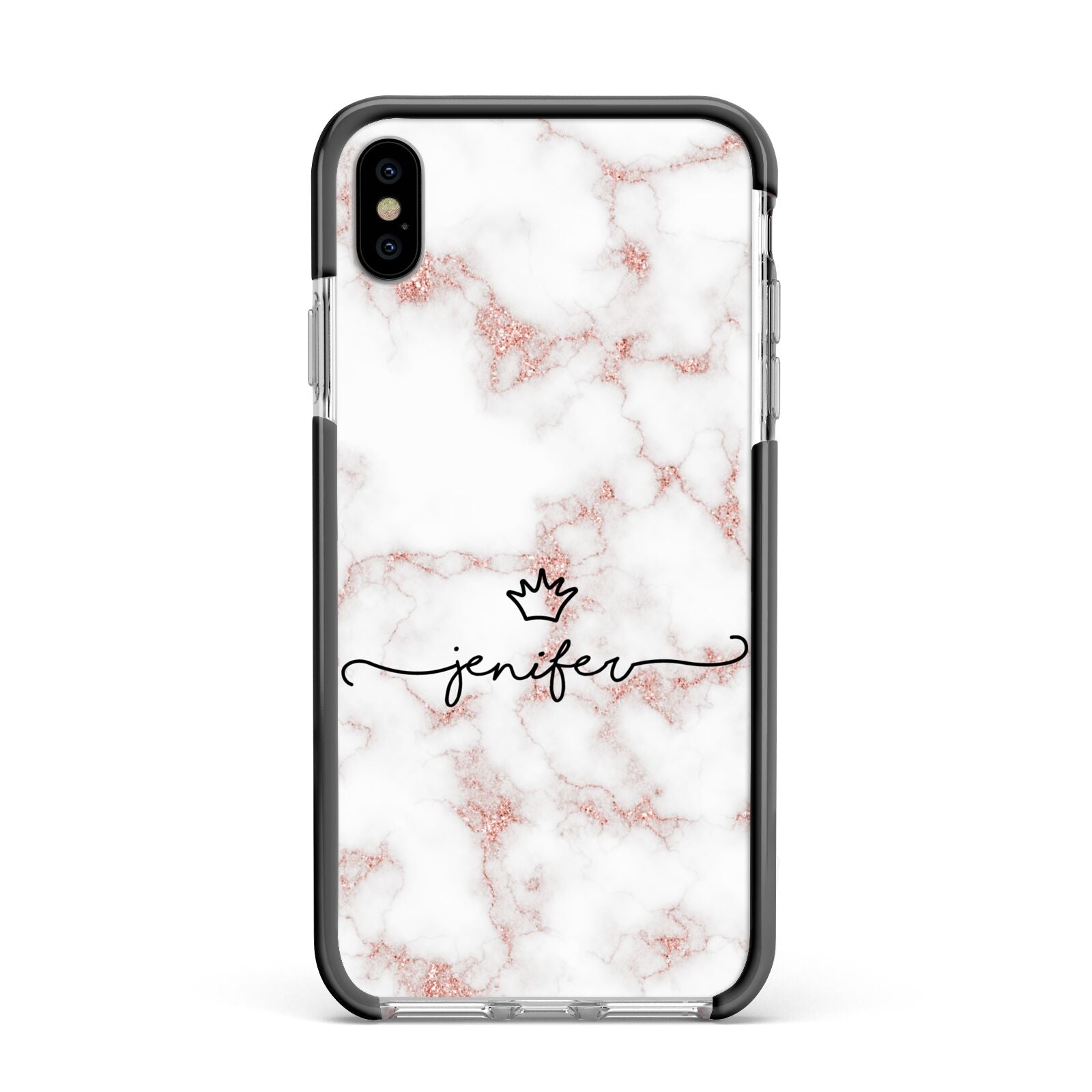 Pink Glitter Marble with Custom Text Apple iPhone Xs Max Impact Case Black Edge on Silver Phone