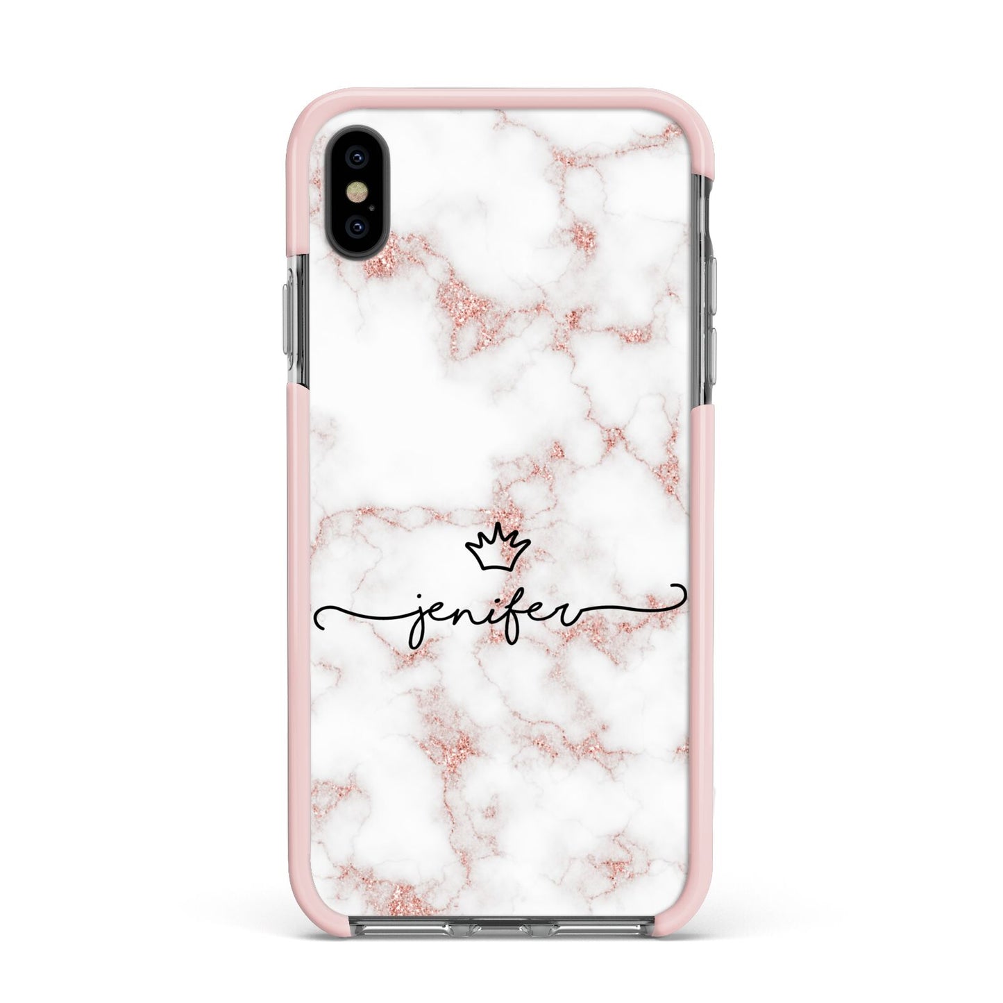 Pink Glitter Marble with Custom Text Apple iPhone Xs Max Impact Case Pink Edge on Black Phone