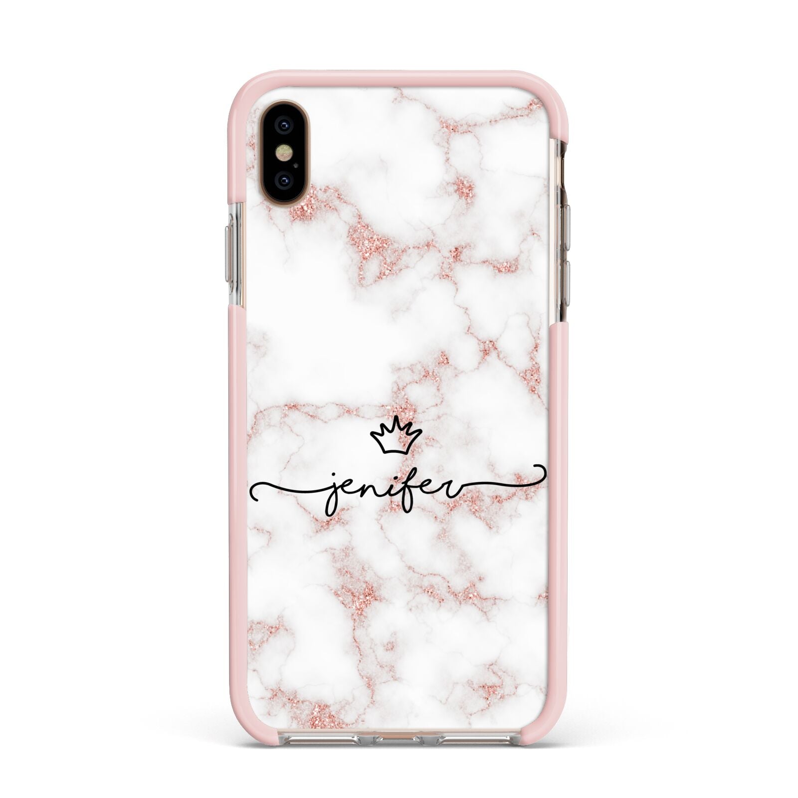 Pink Glitter Marble with Custom Text Apple iPhone Xs Max Impact Case Pink Edge on Gold Phone
