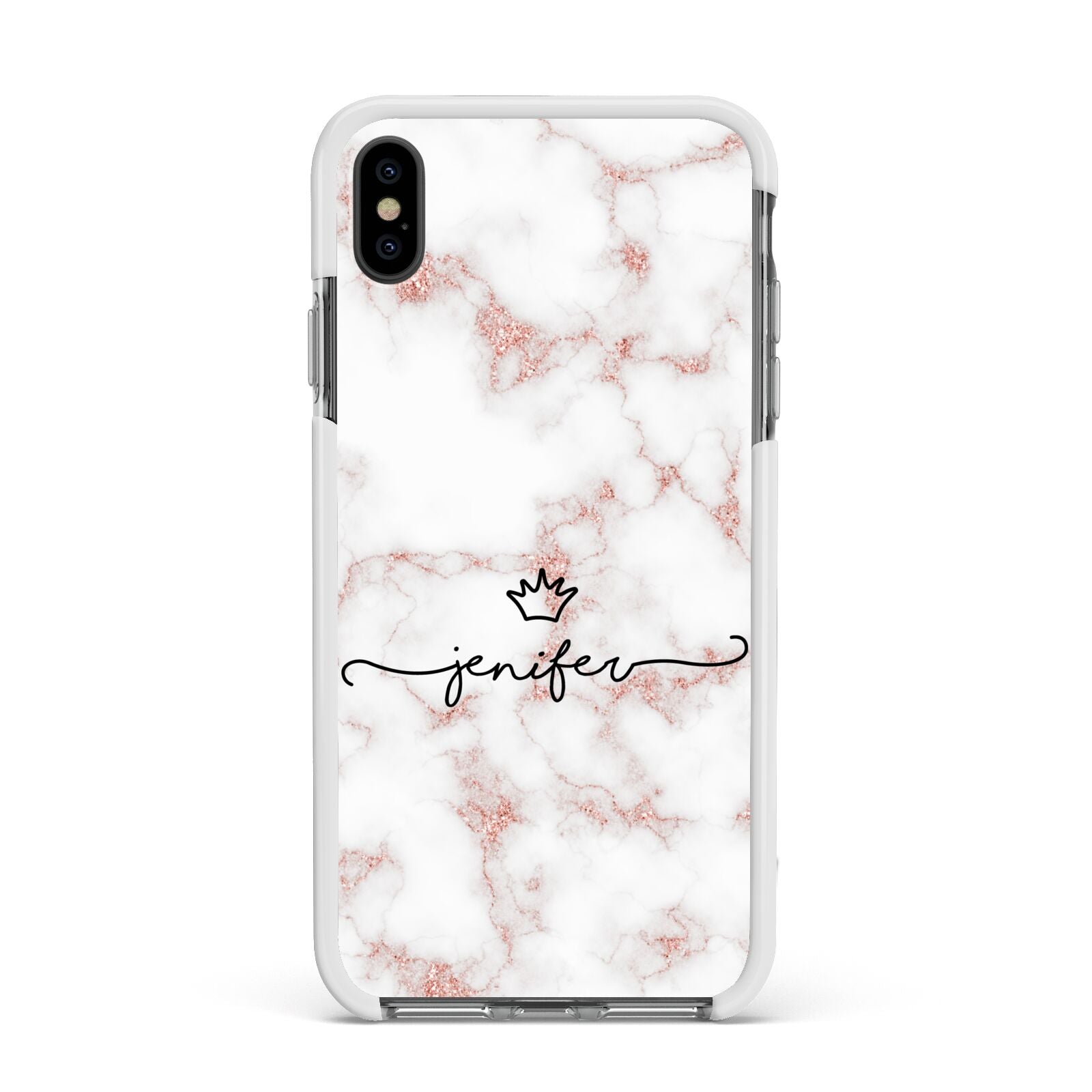 Pink Glitter Marble with Custom Text Apple iPhone Xs Max Impact Case White Edge on Black Phone
