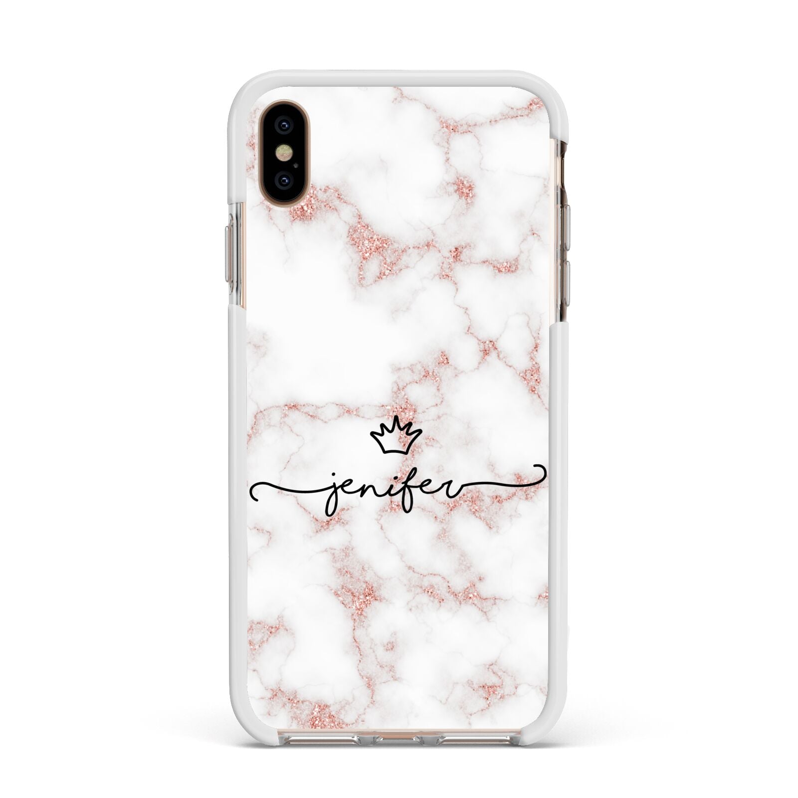 Pink Glitter Marble with Custom Text Apple iPhone Xs Max Impact Case White Edge on Gold Phone