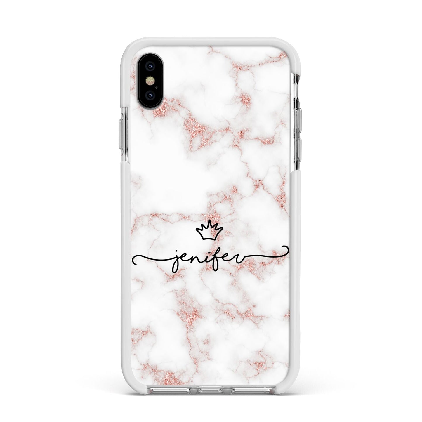 Pink Glitter Marble with Custom Text Apple iPhone Xs Max Impact Case White Edge on Silver Phone