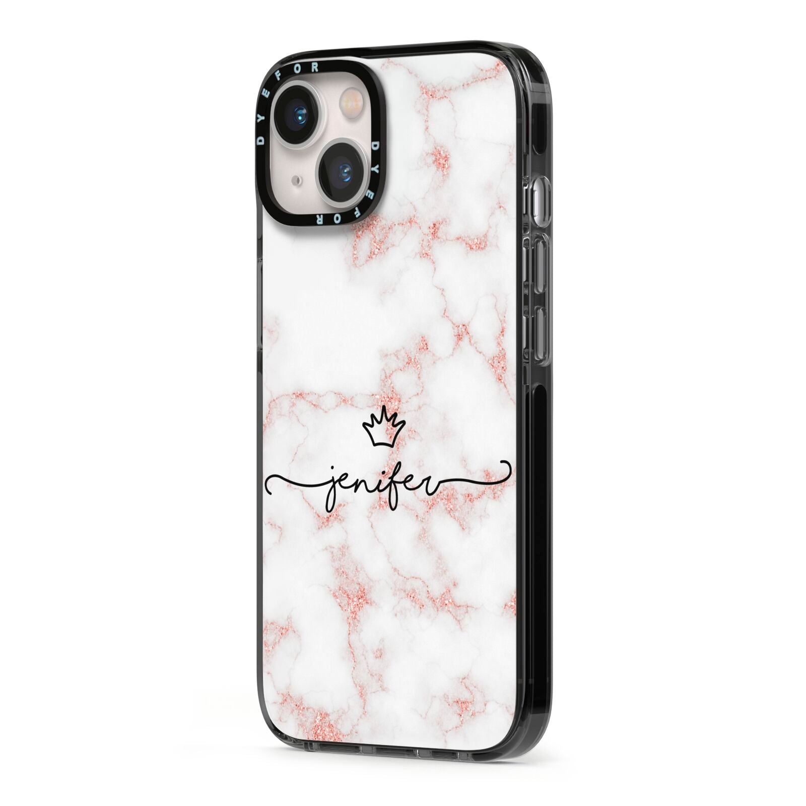 Pink Glitter Marble with Custom Text iPhone 13 Black Impact Case Side Angle on Silver phone