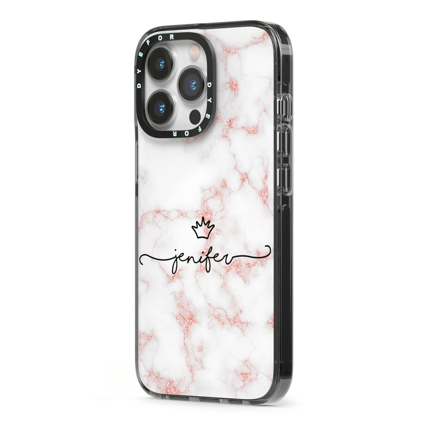 Pink Glitter Marble with Custom Text iPhone 13 Pro Black Impact Case Side Angle on Silver phone