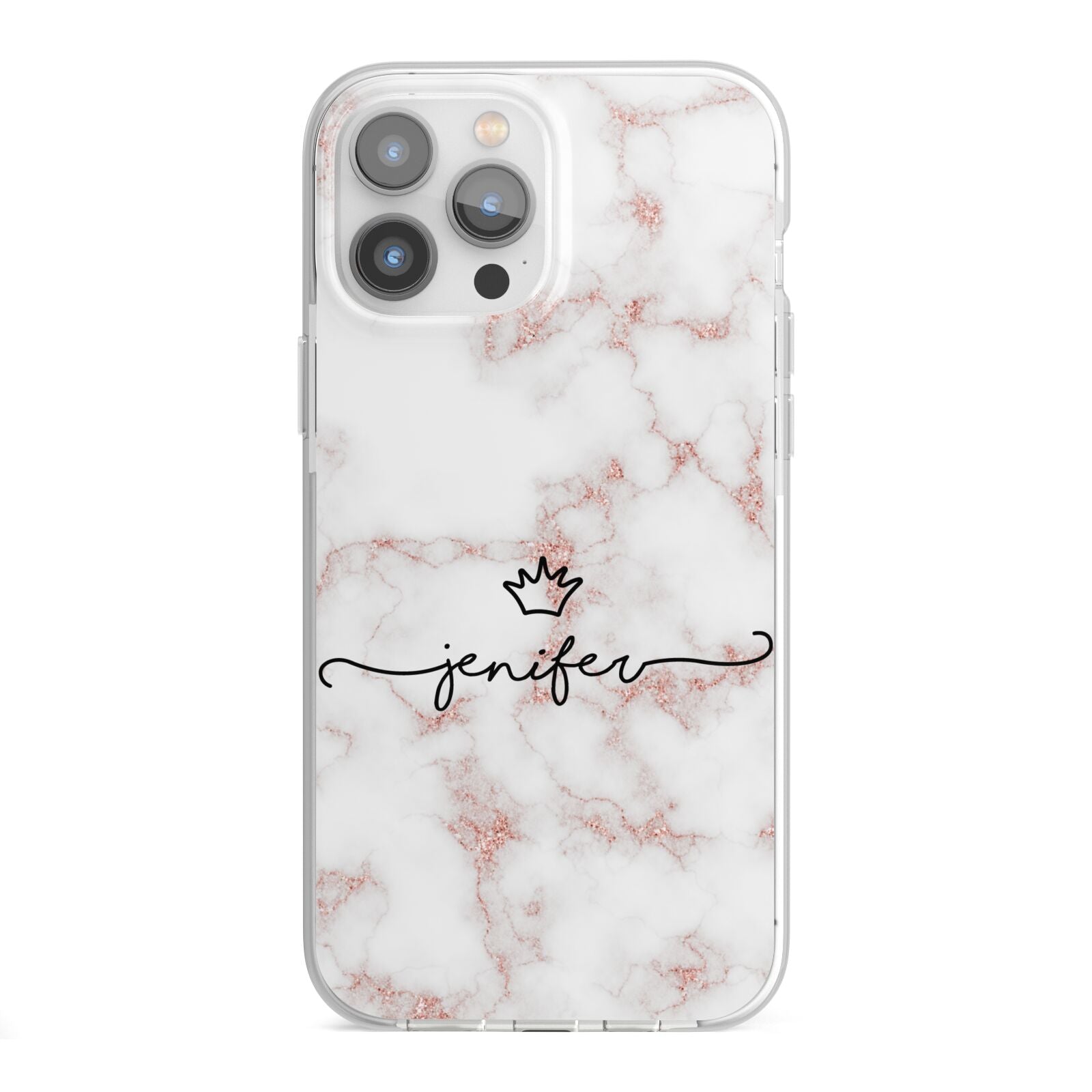Pink Glitter Marble with Custom Text iPhone 13 Pro Max TPU Impact Case with White Edges