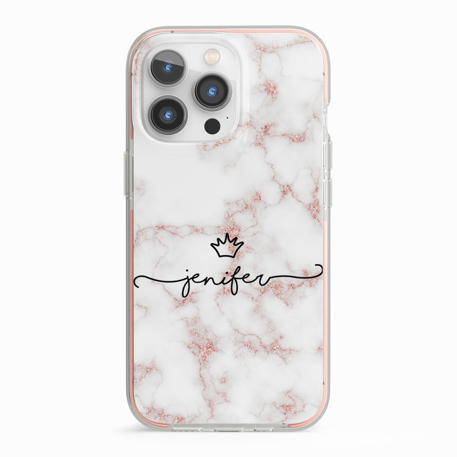 Pink Glitter Marble with Custom Text iPhone 13 Pro TPU Impact Case with Pink Edges