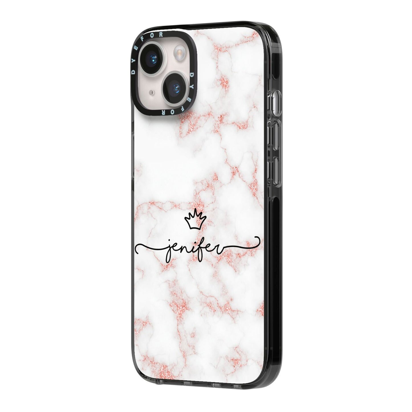 Pink Glitter Marble with Custom Text iPhone 14 Black Impact Case Side Angle on Silver phone