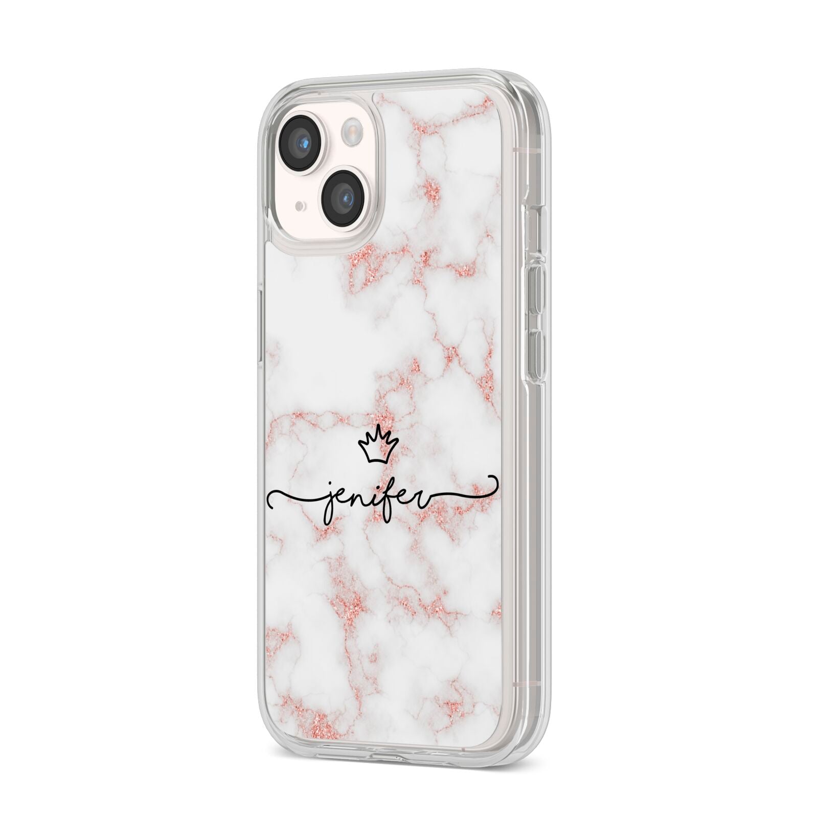 Pink Glitter Marble with Custom Text iPhone 14 Clear Tough Case Starlight Angled Image