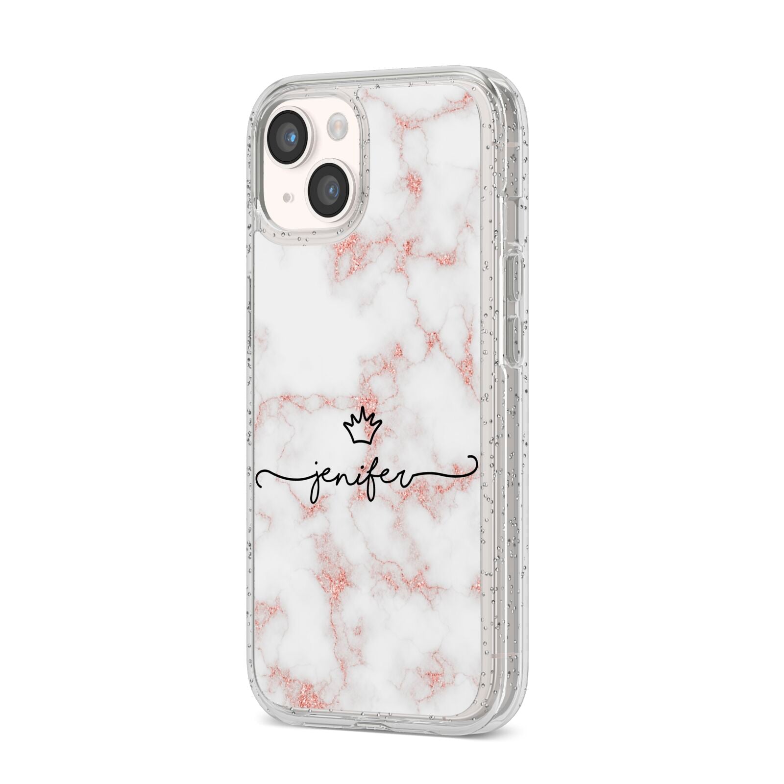 Pink Glitter Marble with Custom Text iPhone 14 Glitter Tough Case Starlight Angled Image