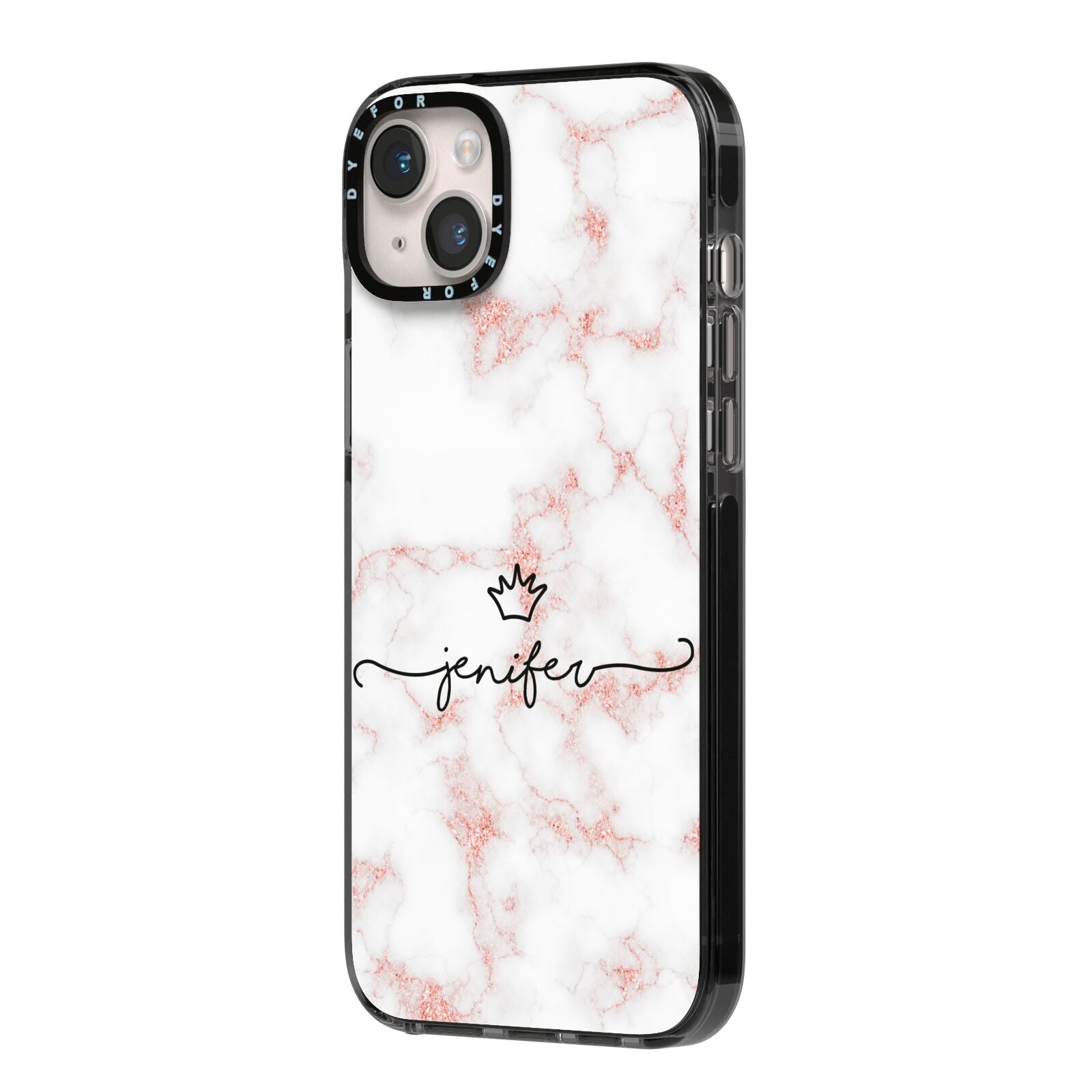Pink Glitter Marble with Custom Text iPhone 14 Plus Black Impact Case Side Angle on Silver phone