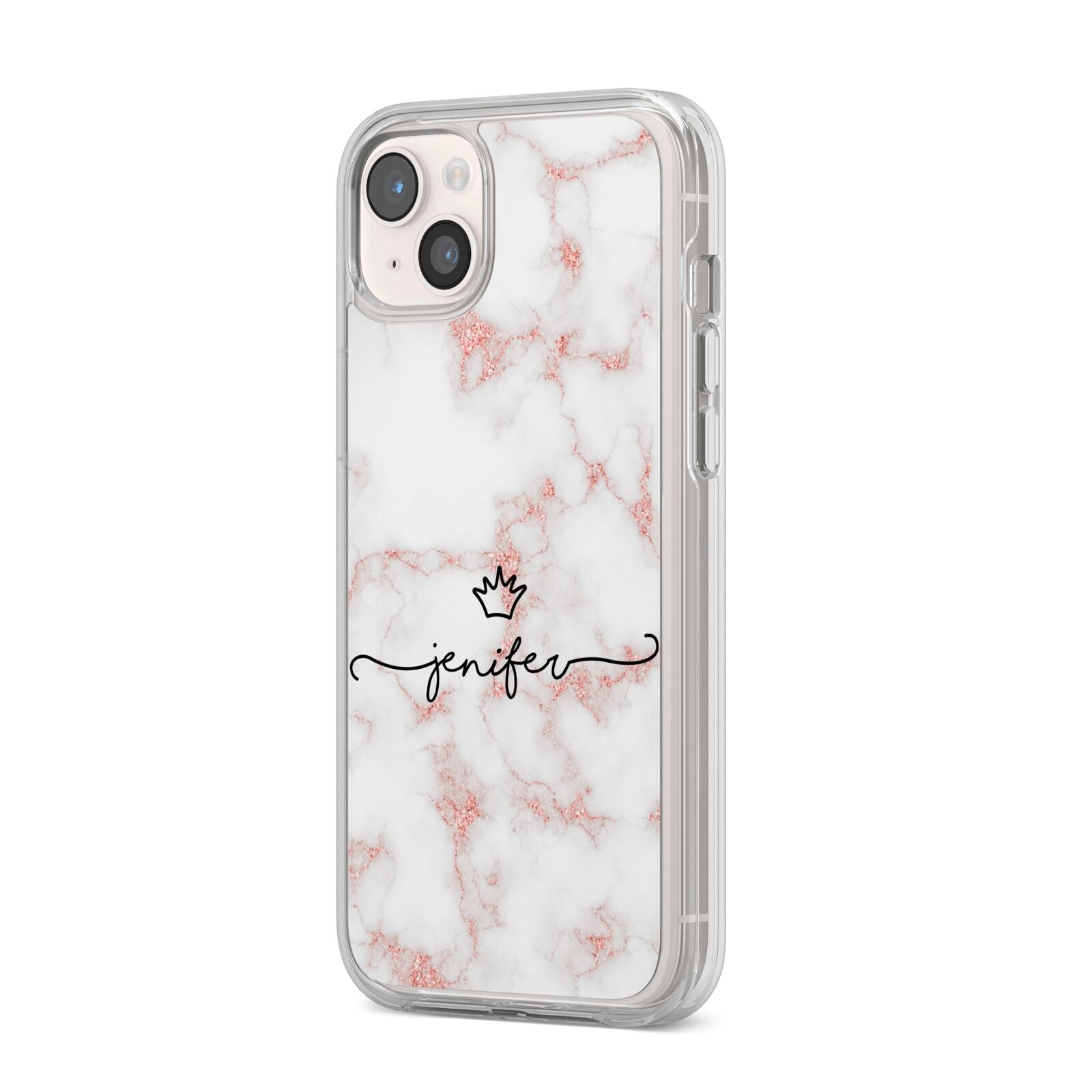 Pink Glitter Marble with Custom Text iPhone 14 Plus Clear Tough Case Starlight Angled Image
