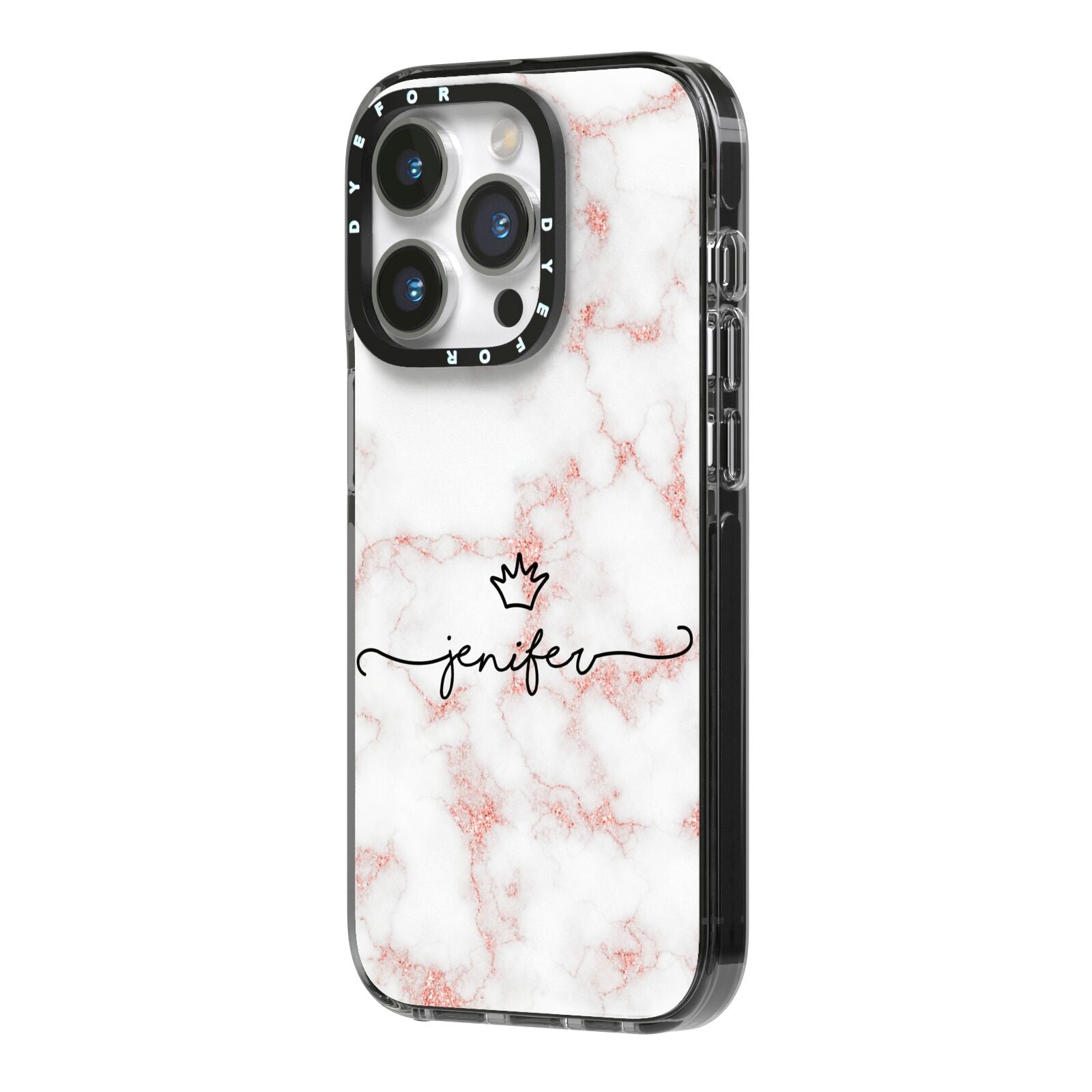 Pink Glitter Marble with Custom Text iPhone 14 Pro Black Impact Case Side Angle on Silver phone
