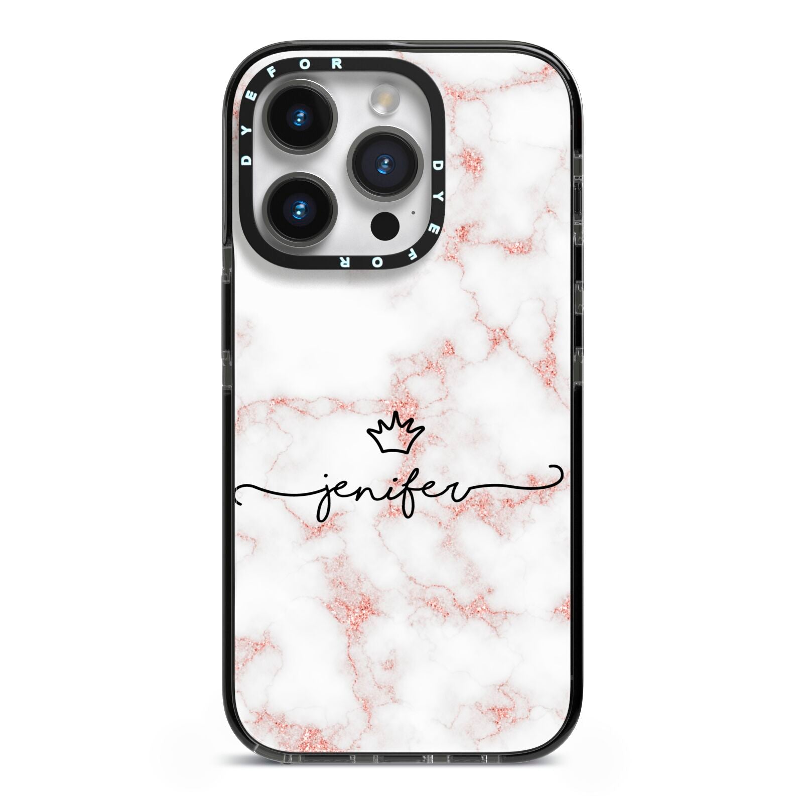 Pink Glitter Marble with Custom Text iPhone 14 Pro Black Impact Case on Silver phone