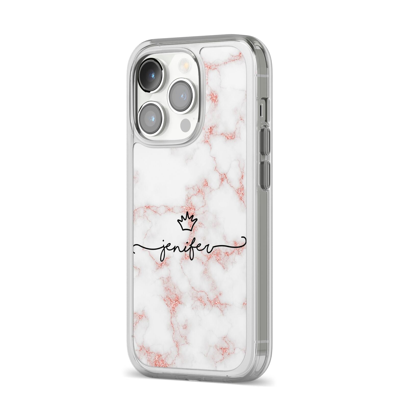 Pink Glitter Marble with Custom Text iPhone 14 Pro Clear Tough Case Silver Angled Image