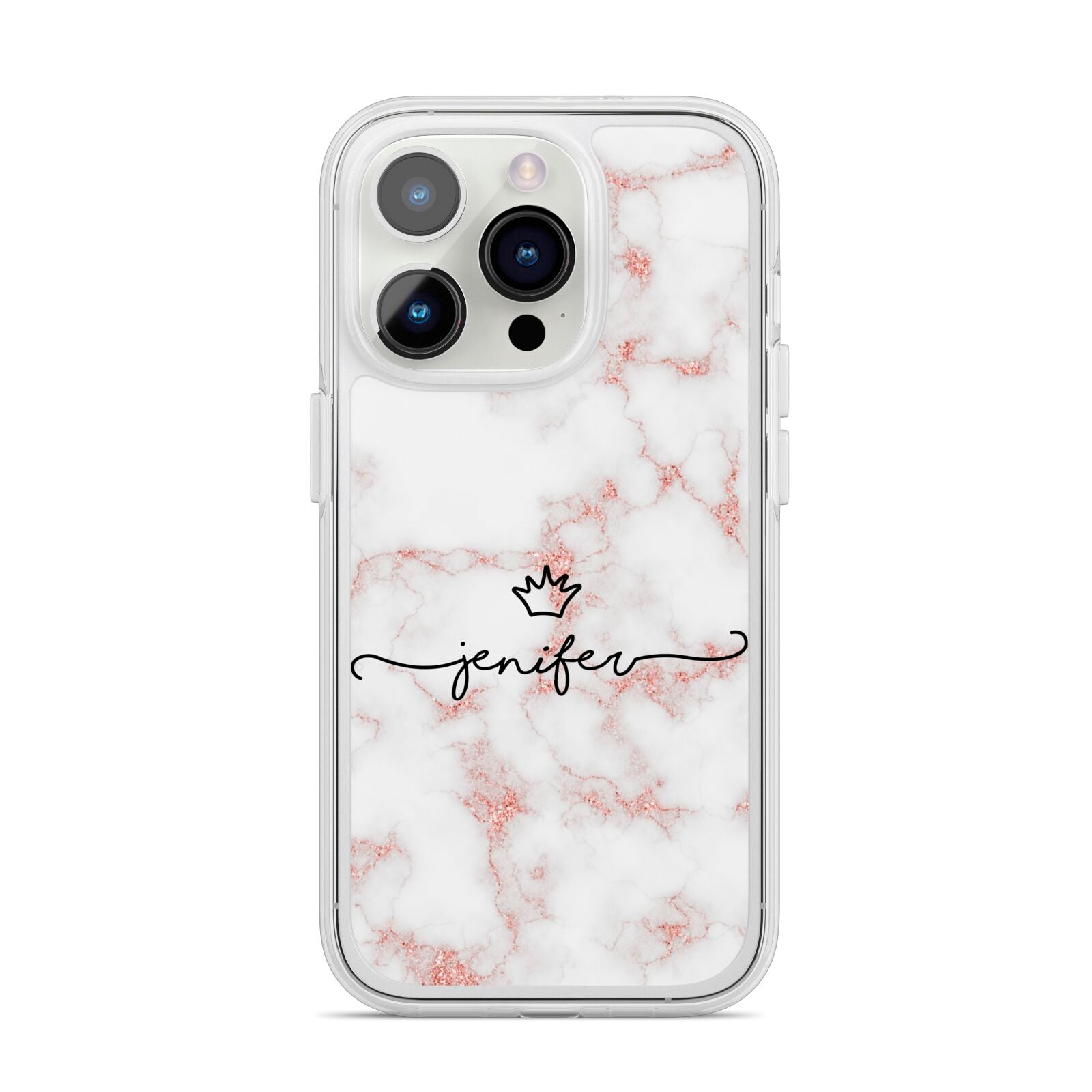 Pink Glitter Marble with Custom Text iPhone 14 Pro Clear Tough Case Silver