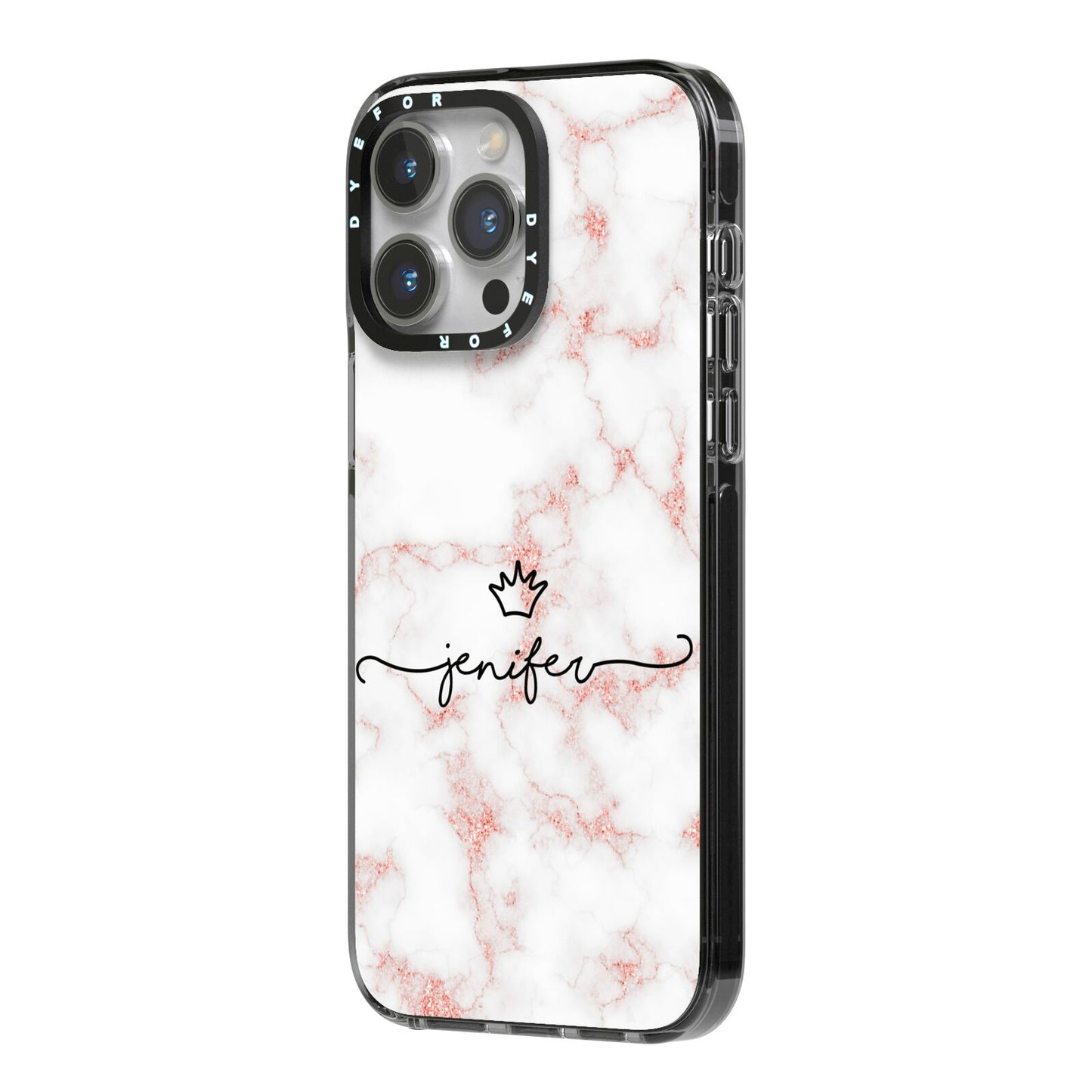 Pink Glitter Marble with Custom Text iPhone 14 Pro Max Black Impact Case Side Angle on Silver phone