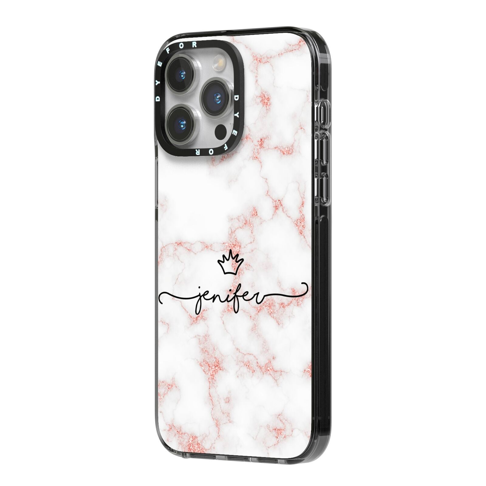 Pink Glitter Marble with Custom Text iPhone 14 Pro Max Black Impact Case Side Angle on Silver phone