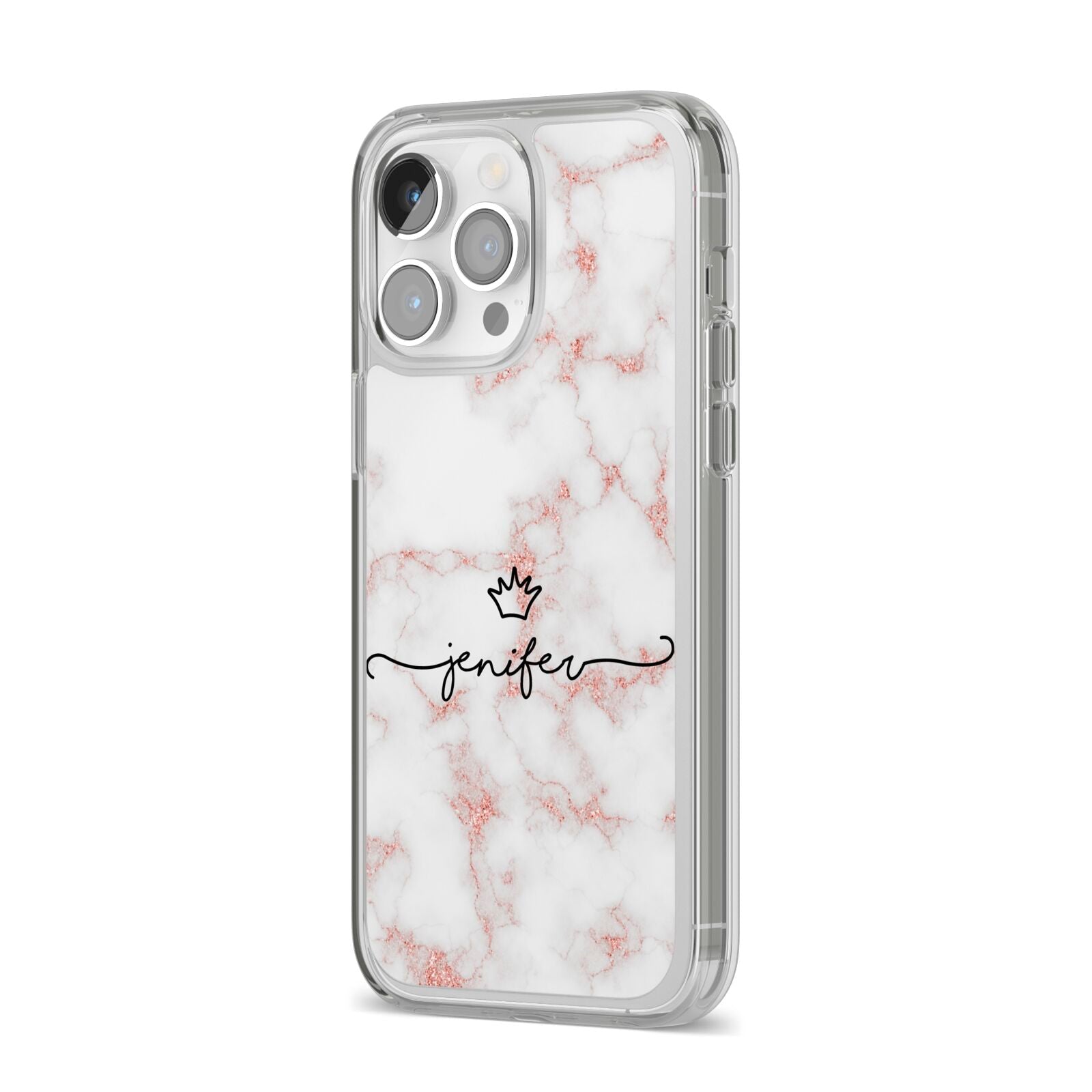 Pink Glitter Marble with Custom Text iPhone 14 Pro Max Clear Tough Case Silver Angled Image