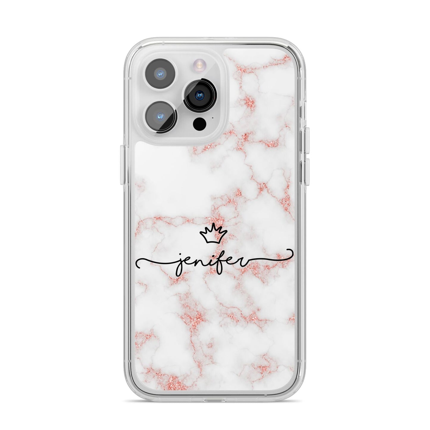Pink Glitter Marble with Custom Text iPhone 14 Pro Max Clear Tough Case Silver