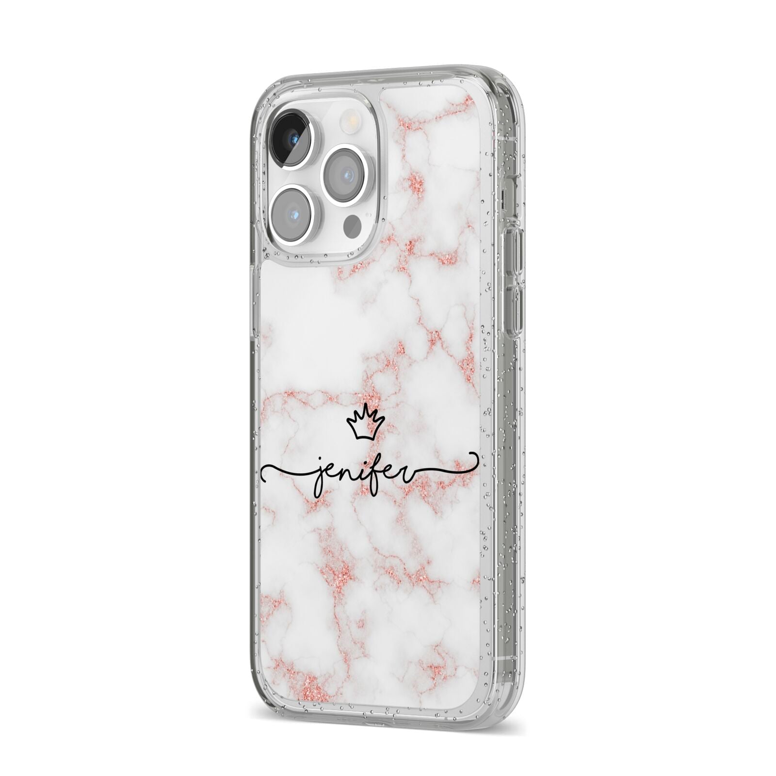 Pink Glitter Marble with Custom Text iPhone 14 Pro Max Glitter Tough Case Silver Angled Image