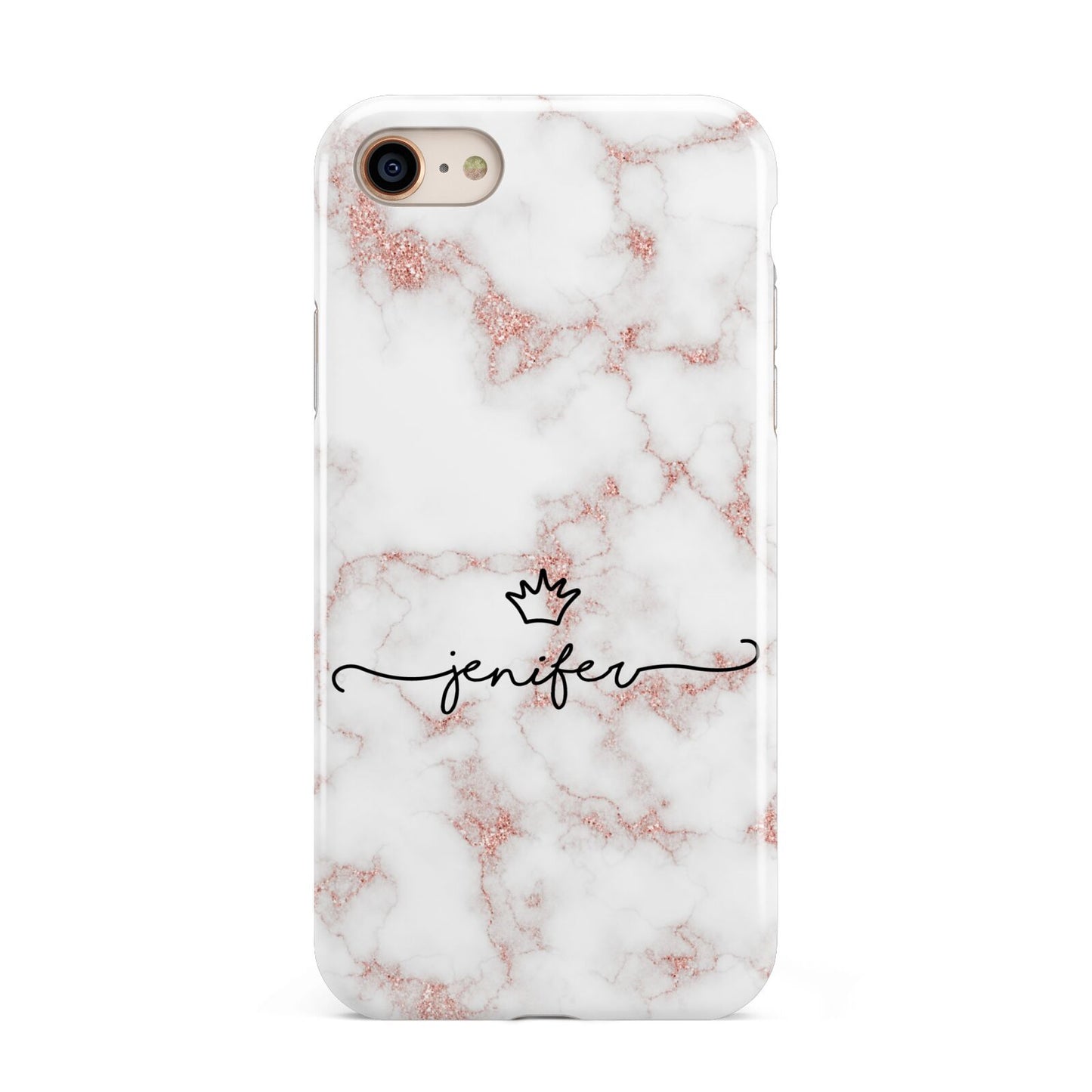 Pink Glitter Marble with Custom Text iPhone 8 3D Tough Case on Gold Phone