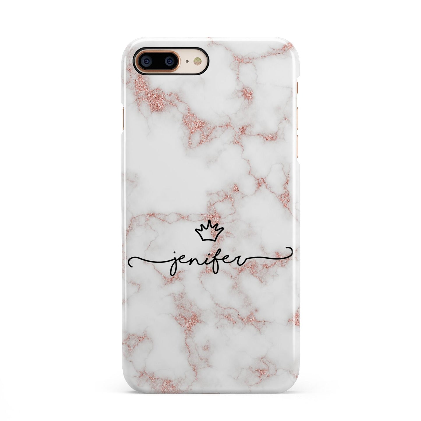 Pink Glitter Marble with Custom Text iPhone 8 Plus 3D Snap Case on Gold Phone