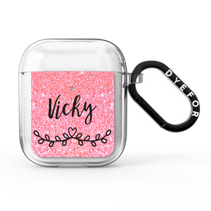 Pink Glitter with Custom Black Text AirPods Case