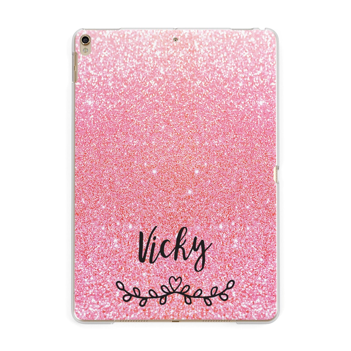 Pink Glitter with Custom Black Text Apple iPad Gold Case