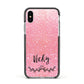 Pink Glitter with Custom Black Text Apple iPhone Xs Impact Case Black Edge on Silver Phone