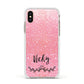 Pink Glitter with Custom Black Text Apple iPhone Xs Impact Case White Edge on Gold Phone
