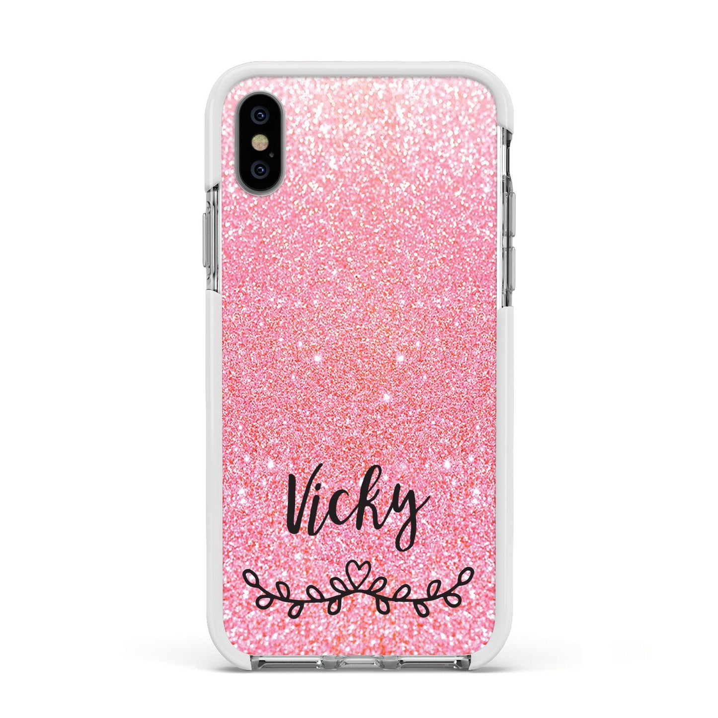 Pink Glitter with Custom Black Text Apple iPhone Xs Impact Case White Edge on Silver Phone