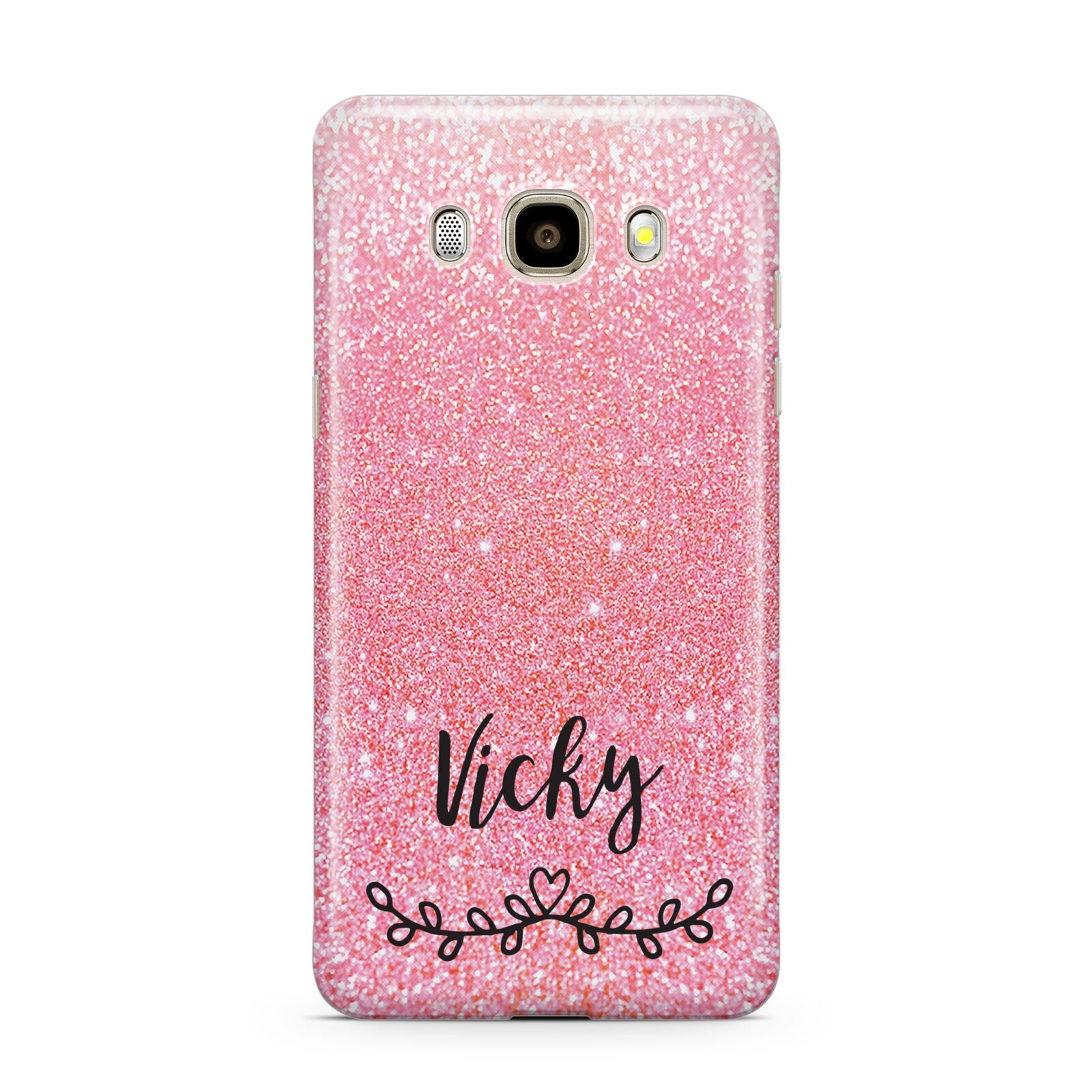 Pink Glitter with Custom Black Text Samsung Galaxy J7 2016 Case on gold phone
