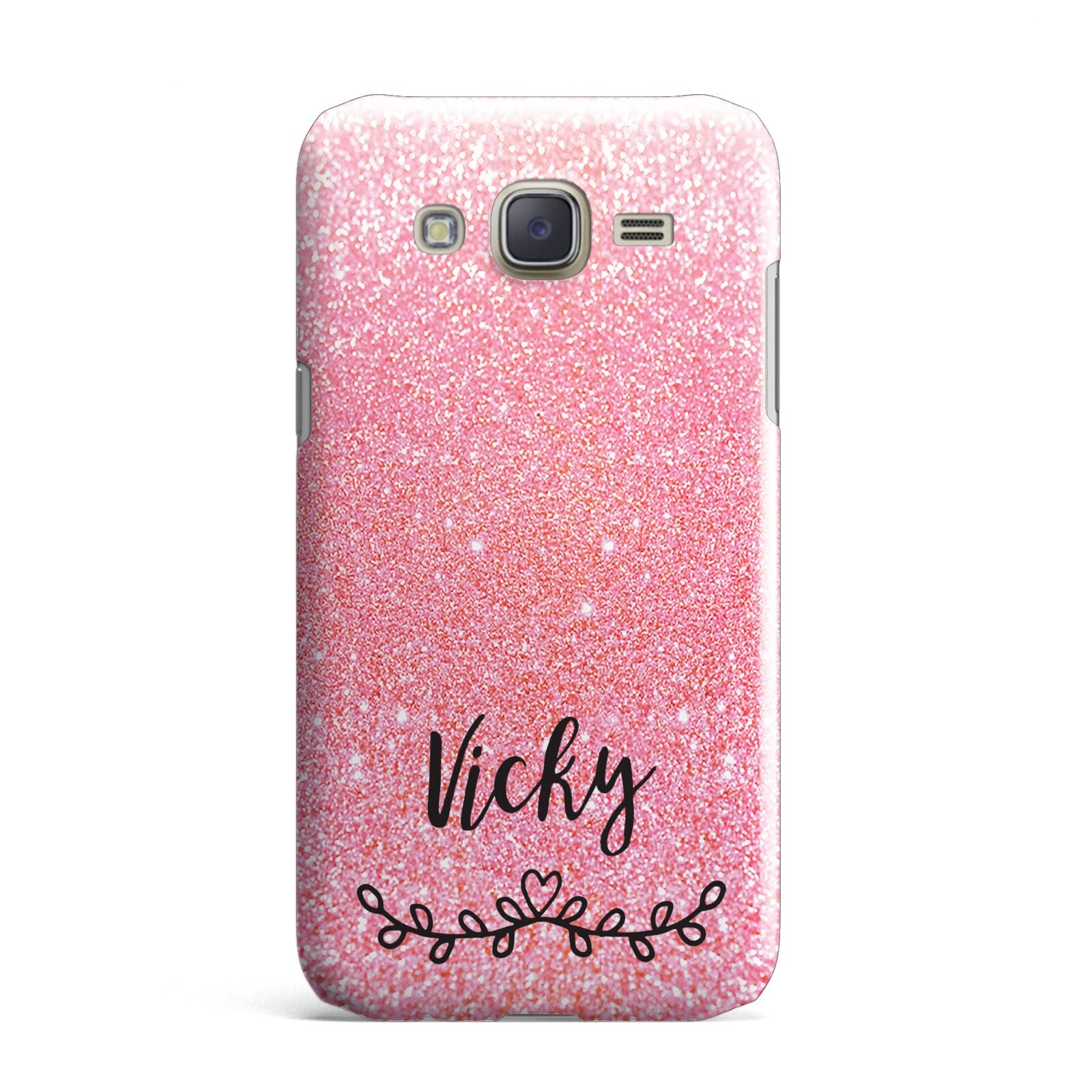 Pink Glitter with Custom Black Text Samsung Galaxy J7 Case