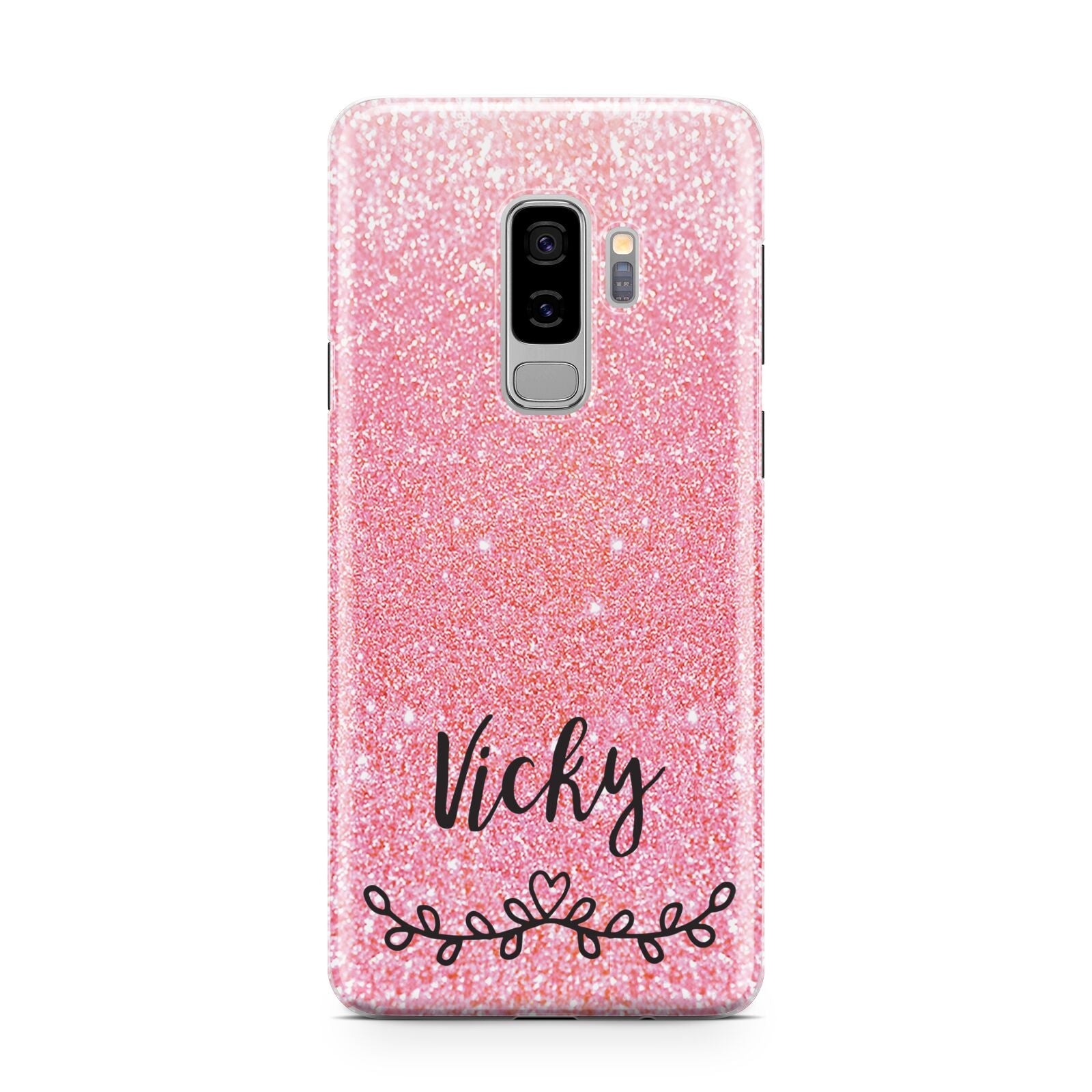 Pink Glitter with Custom Black Text Samsung Galaxy S9 Plus Case on Silver phone