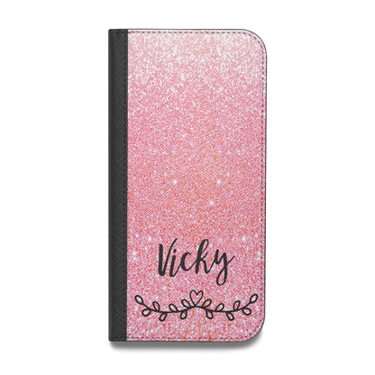 Pink Glitter with Custom Black Text Vegan Leather Flip Samsung Case