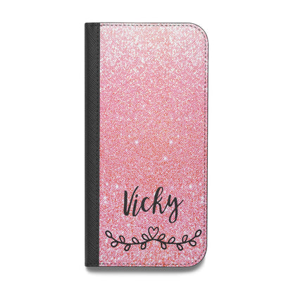 Pink Glitter with Custom Black Text Vegan Leather Flip iPhone Case