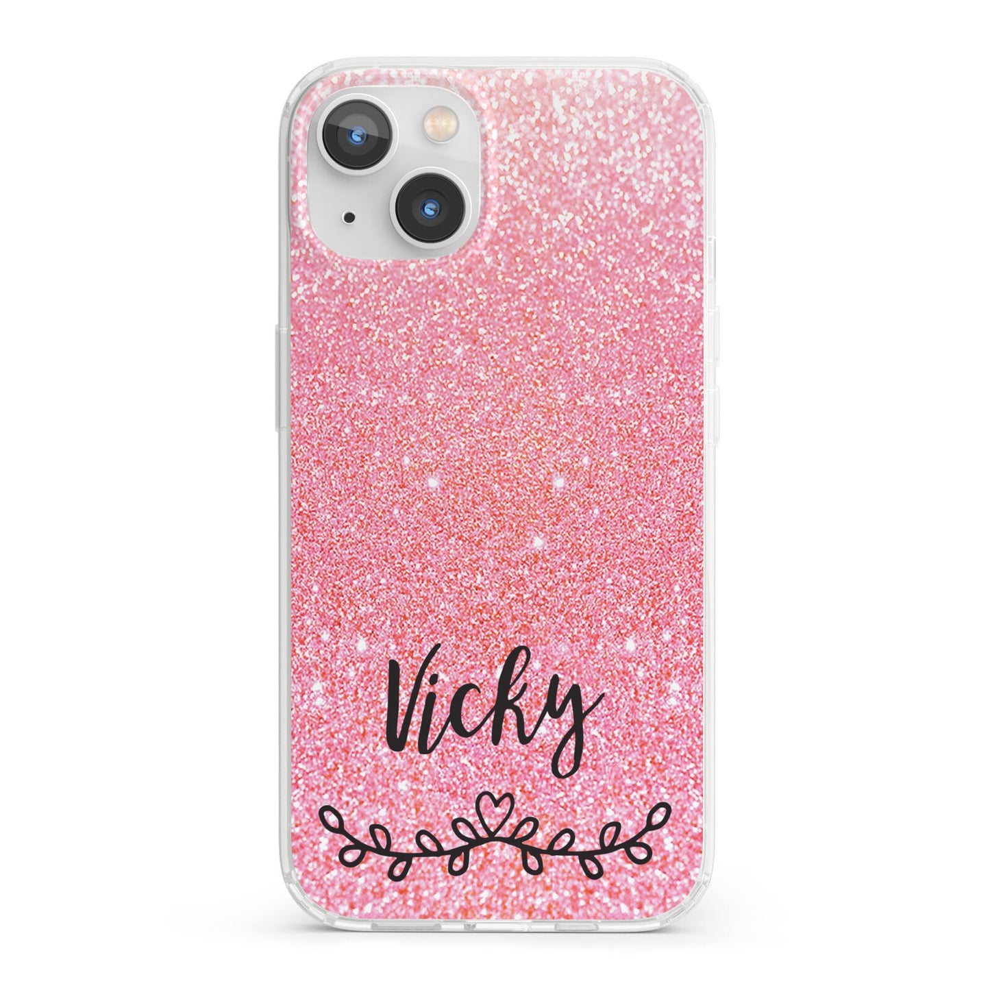 Pink Glitter with Custom Black Text iPhone 13 Clear Bumper Case