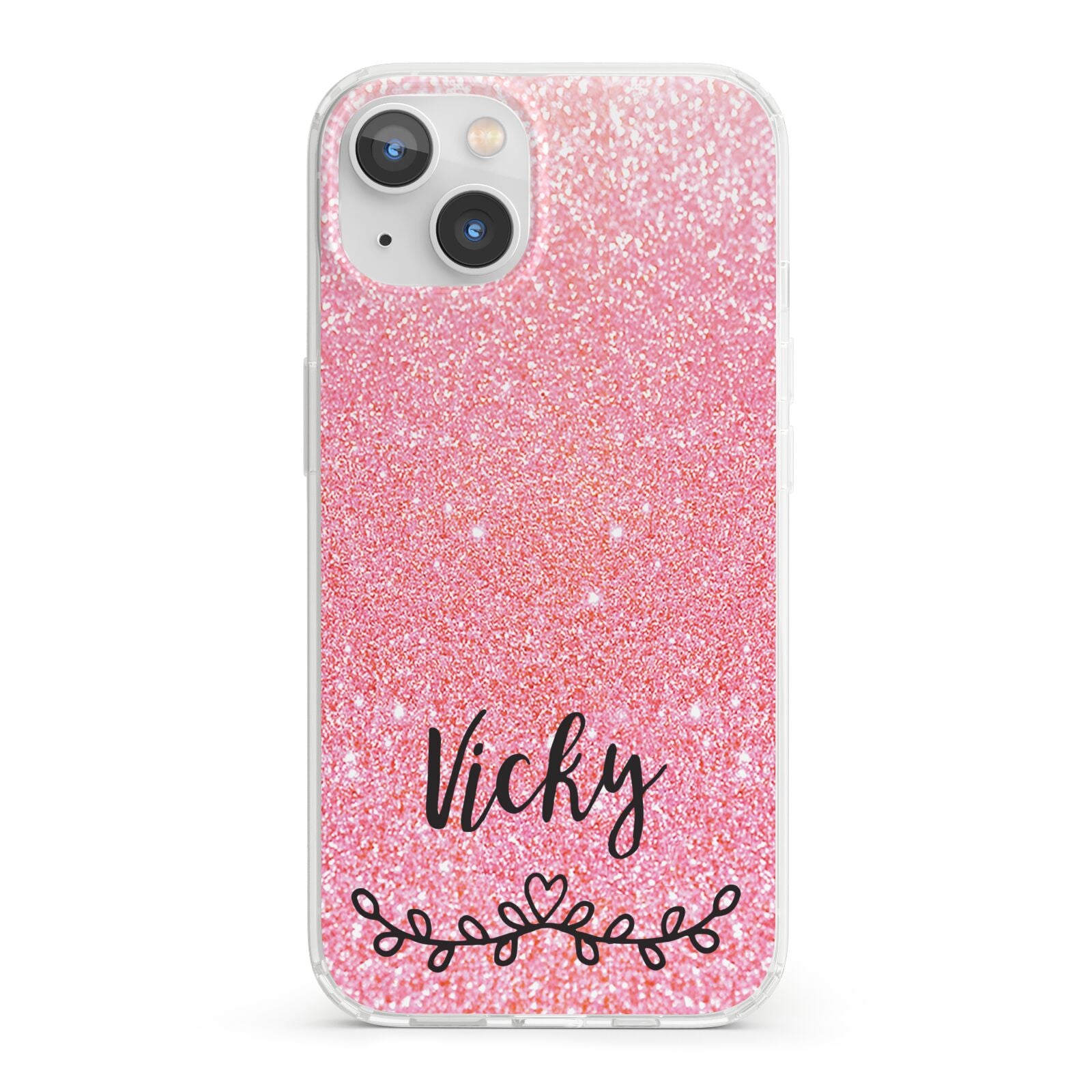 Pink Glitter with Custom Black Text iPhone 13 Clear Bumper Case