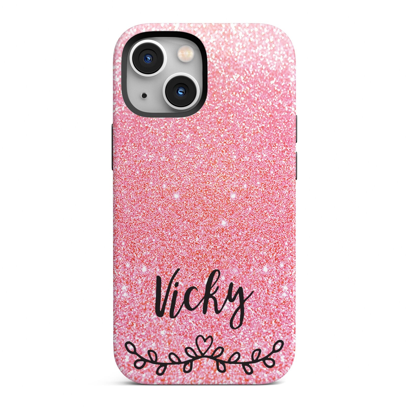 Pink Glitter with Custom Black Text iPhone 13 Mini Full Wrap 3D Tough Case