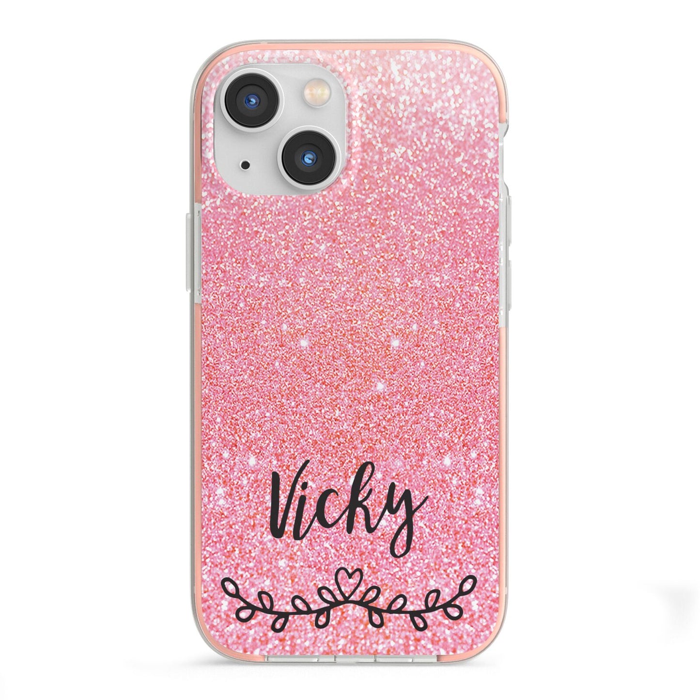 Pink Glitter with Custom Black Text iPhone 13 Mini TPU Impact Case with Pink Edges