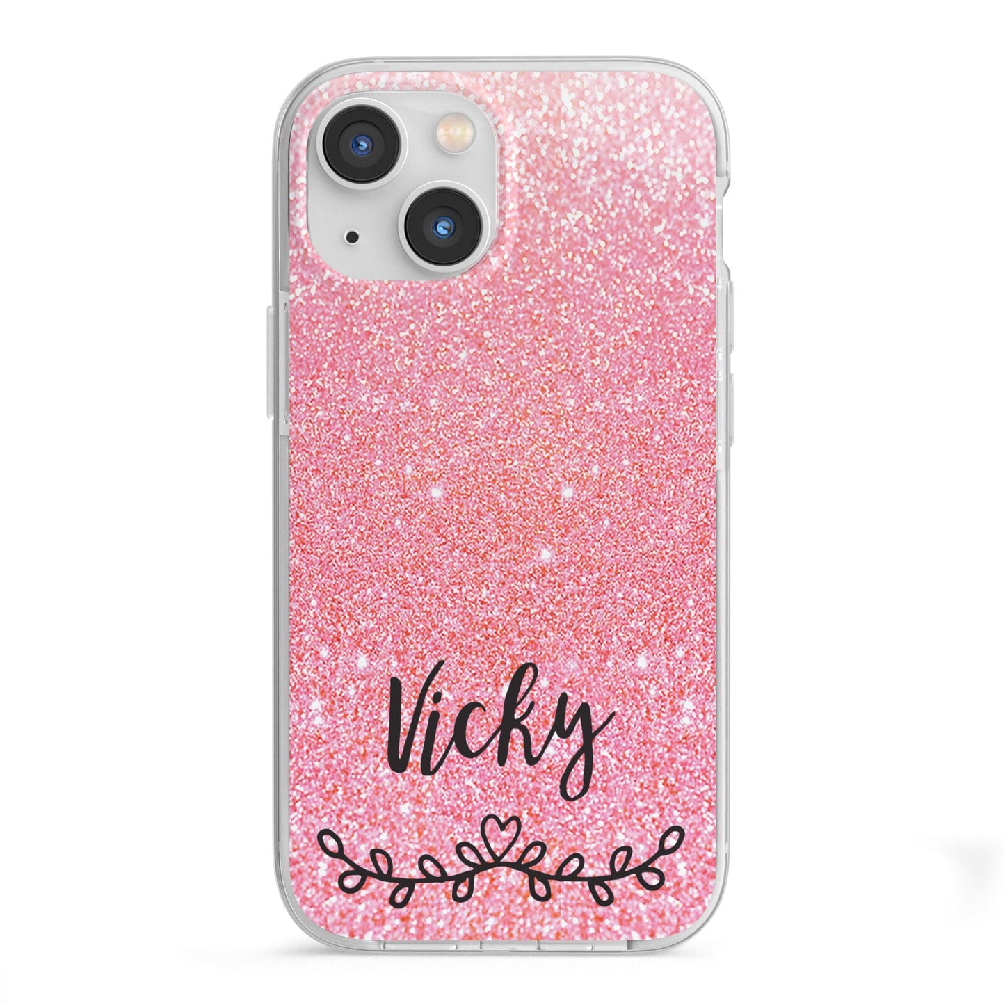Pink Glitter with Custom Black Text iPhone 13 Mini TPU Impact Case with White Edges