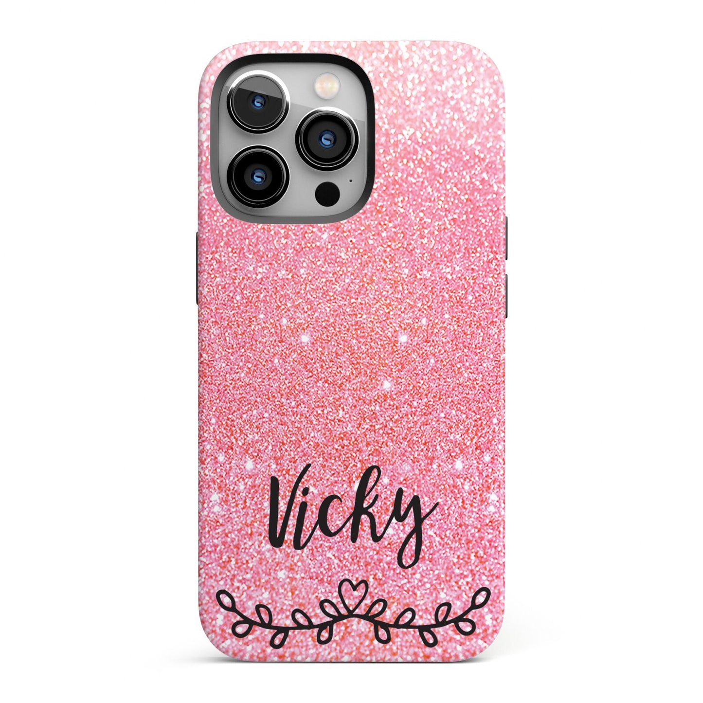 Pink Glitter with Custom Black Text iPhone 13 Pro Full Wrap 3D Tough Case