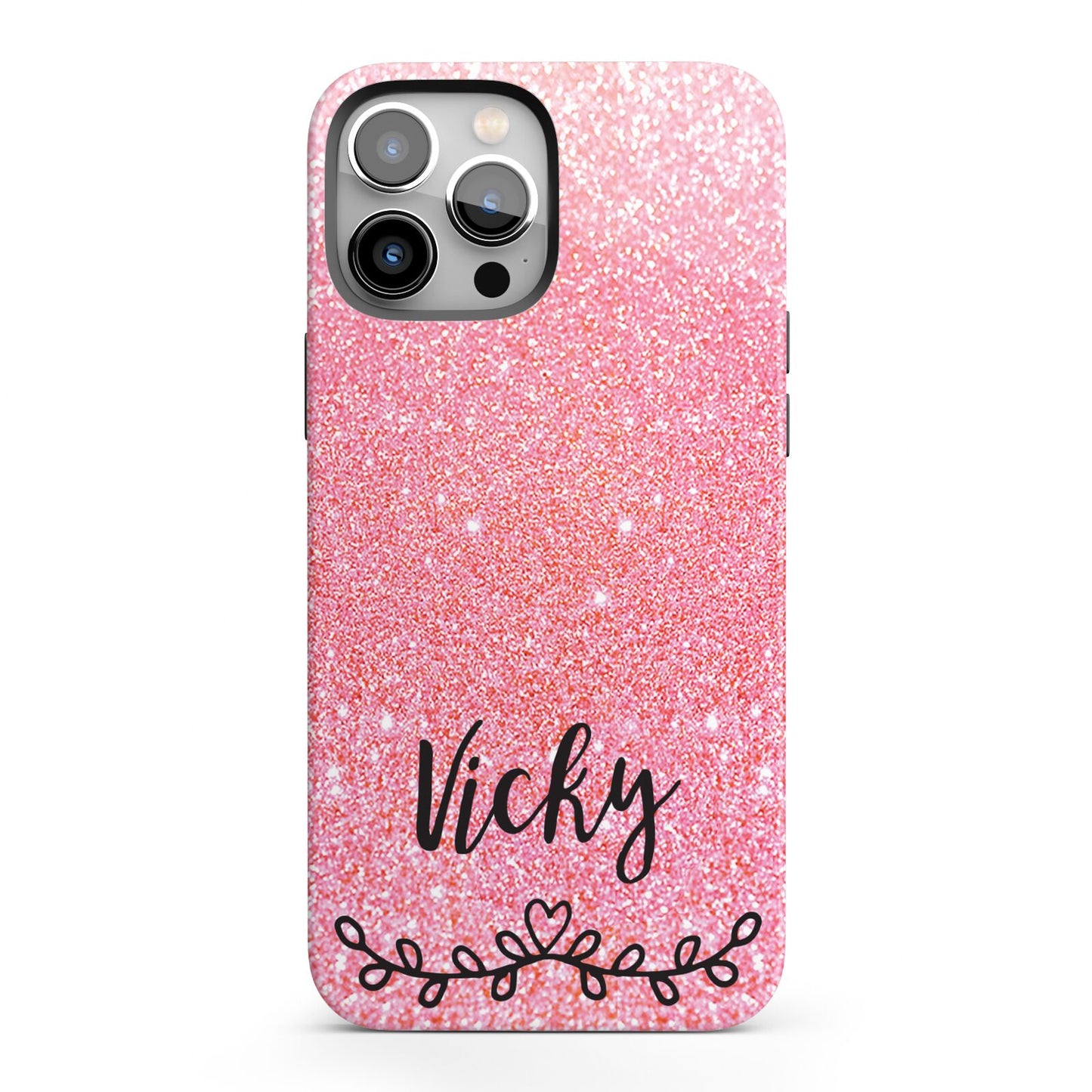 Pink Glitter with Custom Black Text iPhone 13 Pro Max Full Wrap 3D Tough Case