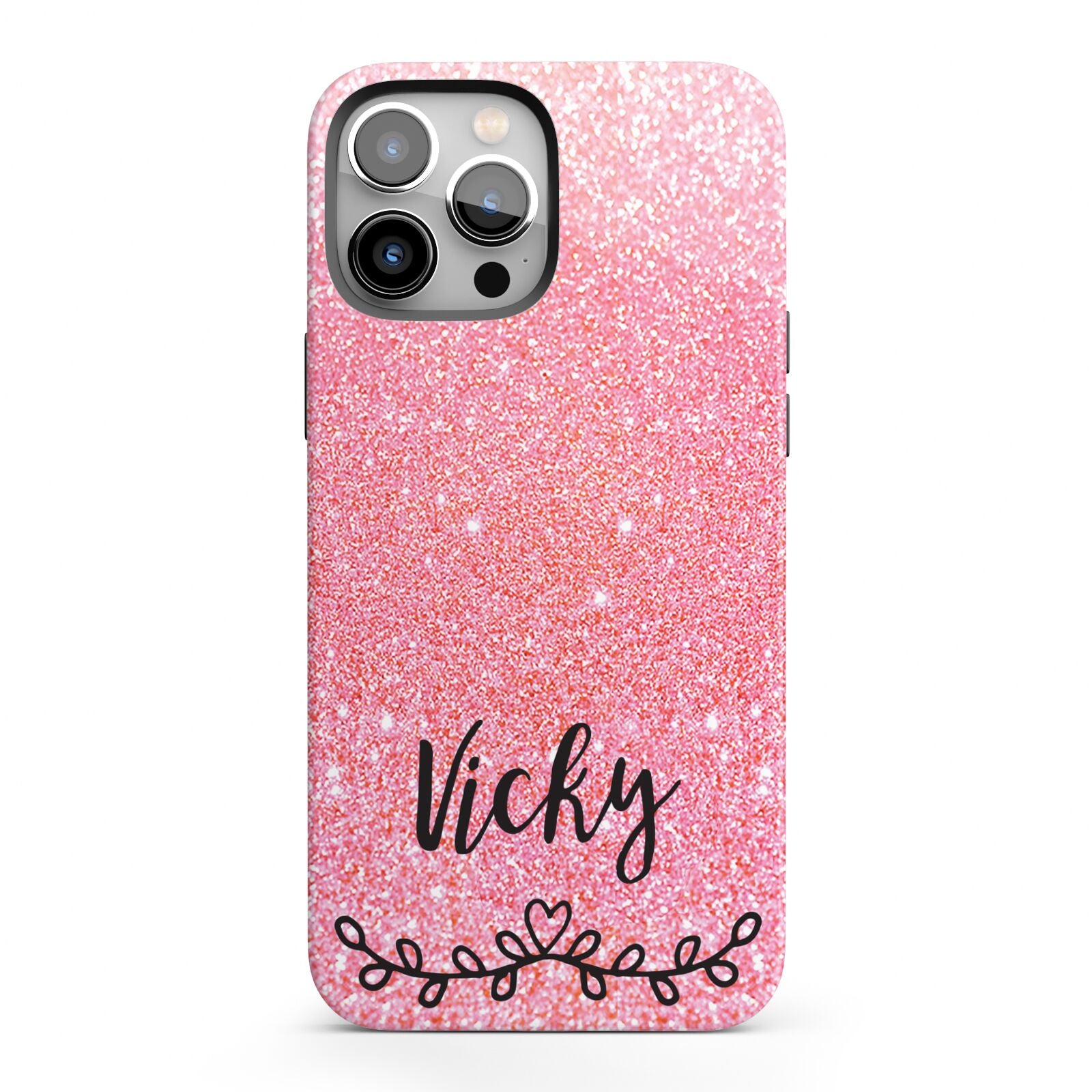 Pink Glitter with Custom Black Text iPhone 13 Pro Max Full Wrap 3D Tough Case