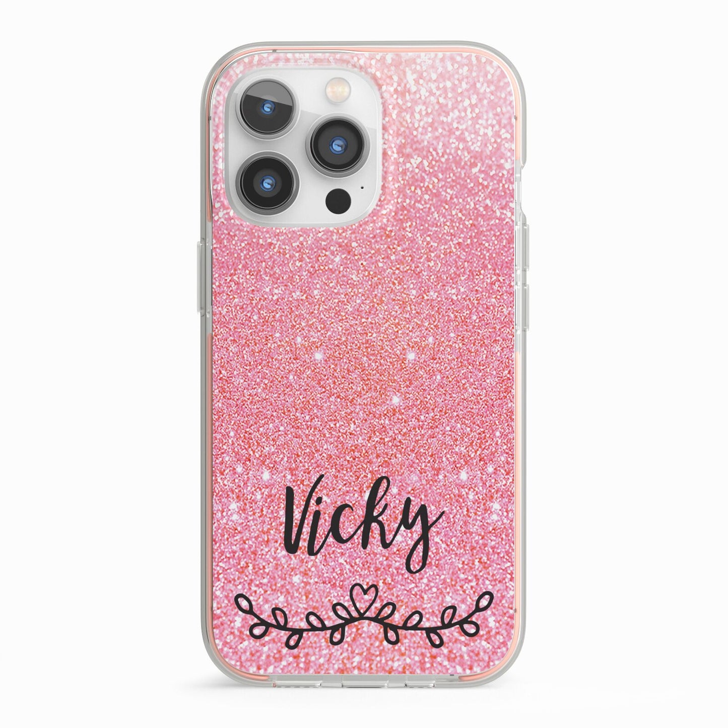 Pink Glitter with Custom Black Text iPhone 13 Pro TPU Impact Case with Pink Edges