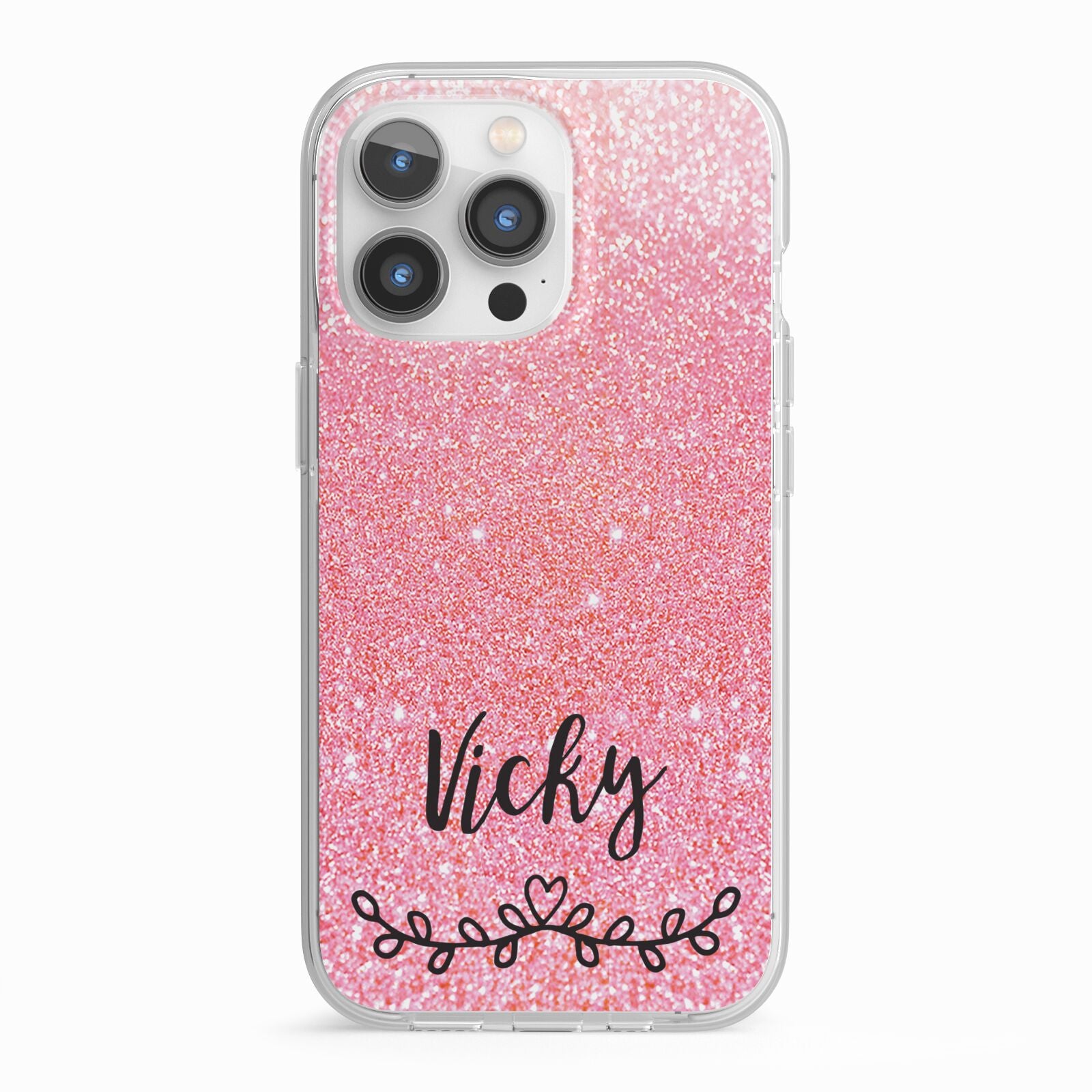 Pink Glitter with Custom Black Text iPhone 13 Pro TPU Impact Case with White Edges