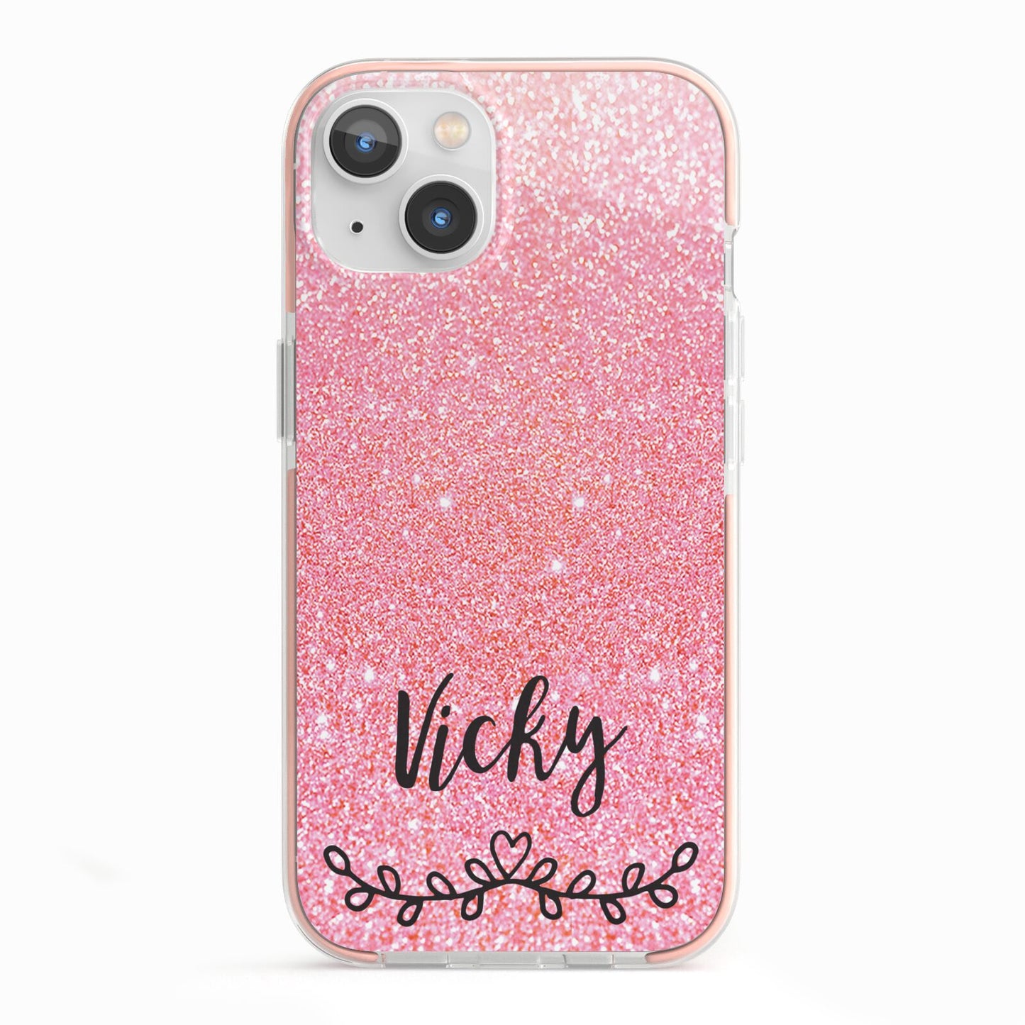 Pink Glitter with Custom Black Text iPhone 13 TPU Impact Case with Pink Edges